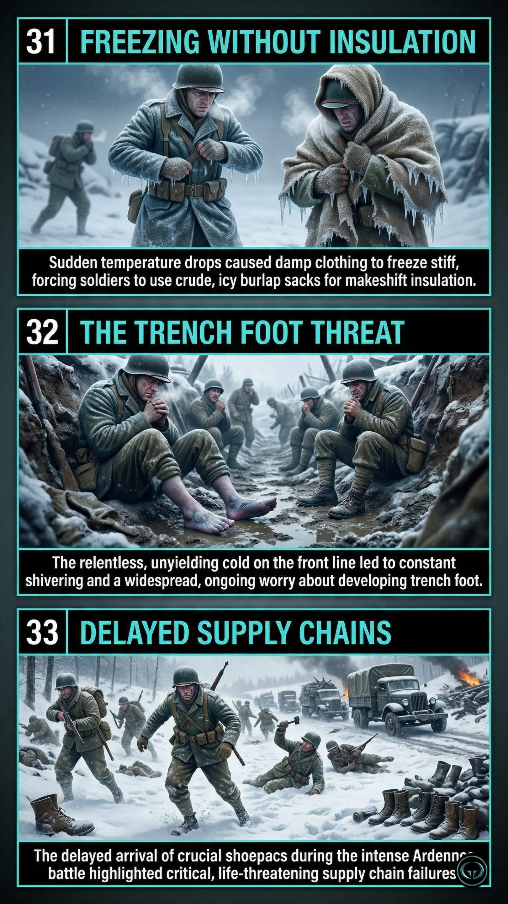 Infographic illustrating three Band of Brothers insights by Stephen R. Ambrose: Top panel shows the life-threatening danger of freezing without proper insulation; Middle panel depicts the debilitating frontline threat of trench foot; Bottom panel visualizes how delayed supply chains critically impacted troop survival.
