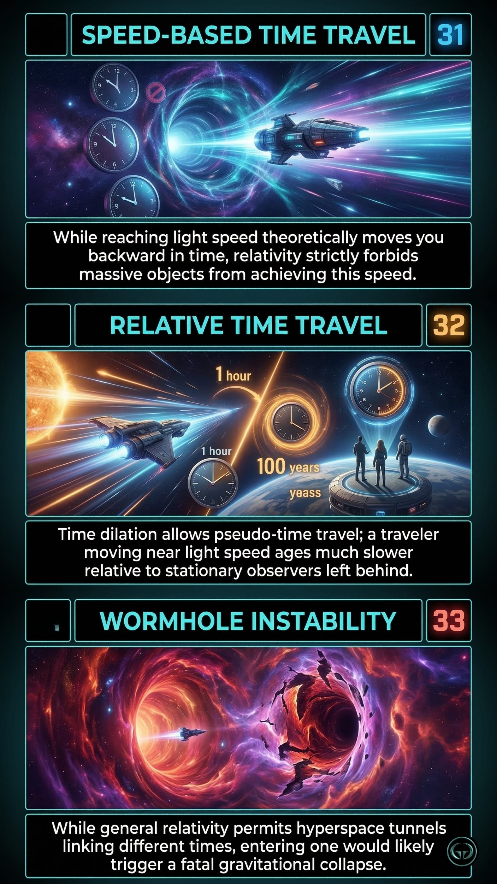Infographic illustrating three A Brief History of Time insights by Stephen Hawking: Top panel shows relativity forbidding backward time travel via light speed; Middle panel depicts time dilation causing slower aging for near-light-speed travelers; Bottom panel visualizes gravitational collapse making wormholes unstable for time travel.