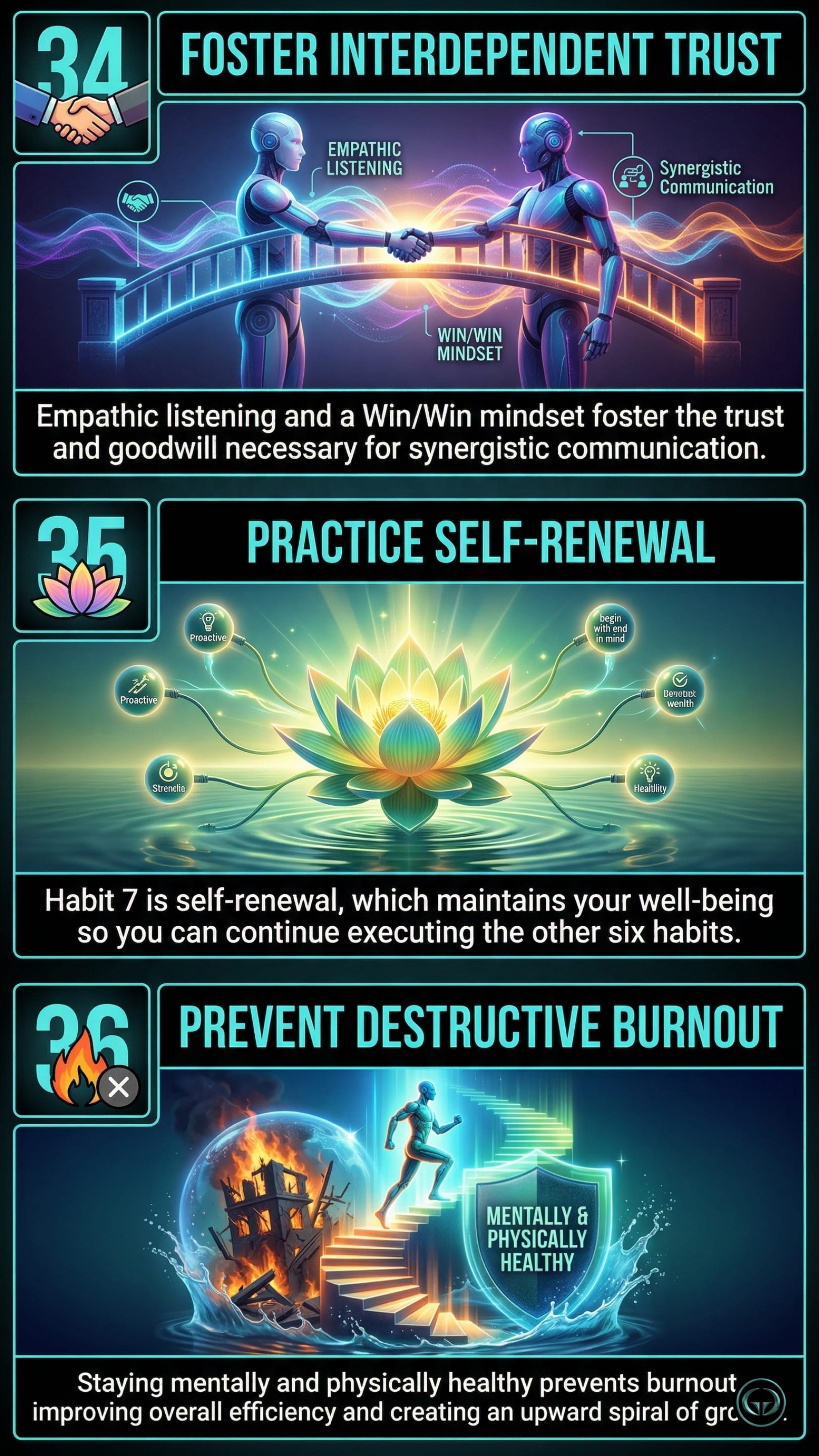 Infographic illustrating three Stephen R. Covey insights from The 7 Habits of Highly Effective People: Top panel shows fostering interdependent trust through empathic communication; Middle panel depicts the principle of self-renewal to maintain well-being; Bottom panel visualizes preventing destructive burnout by prioritizing mental and physical health.