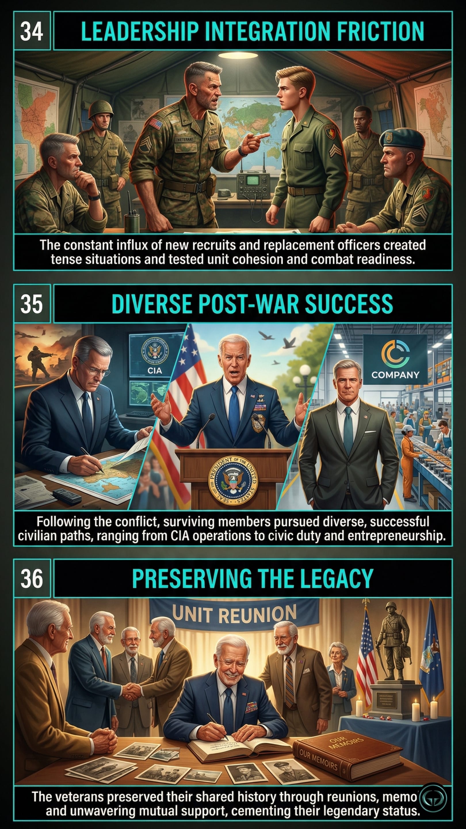 Infographic illustrating three Band of Brothers insights by Stephen R. Ambrose: Top panel shows leadership friction and unit cohesion challenges when integrating new recruits; Middle panel depicts veterans achieving diverse post-war civilian success; Bottom panel visualizes preserving the unit's historical legacy through memoirs and reunions.