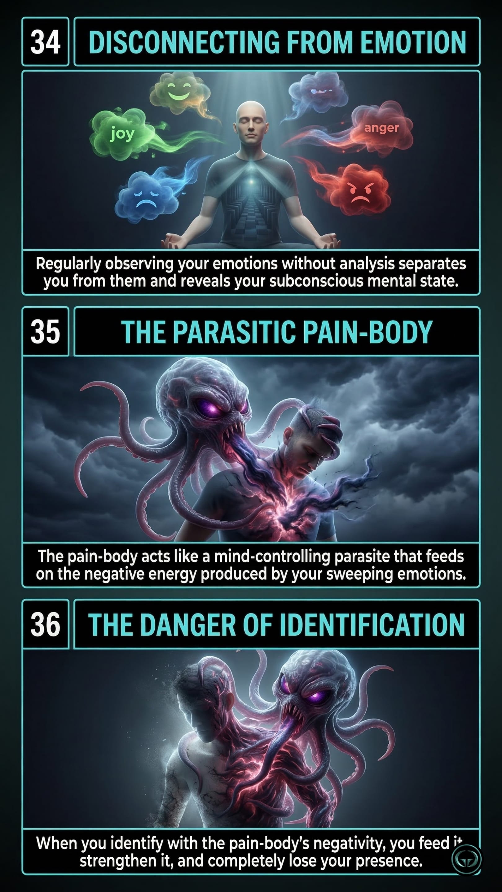 Infographic illustrating three The Power of Now insights: Top panel shows disconnecting from emotions through observation; Middle panel depicts the parasitic pain-body feeding on negativity; Bottom panel visualizes the danger of ego identification, by Eckhart Tolle.