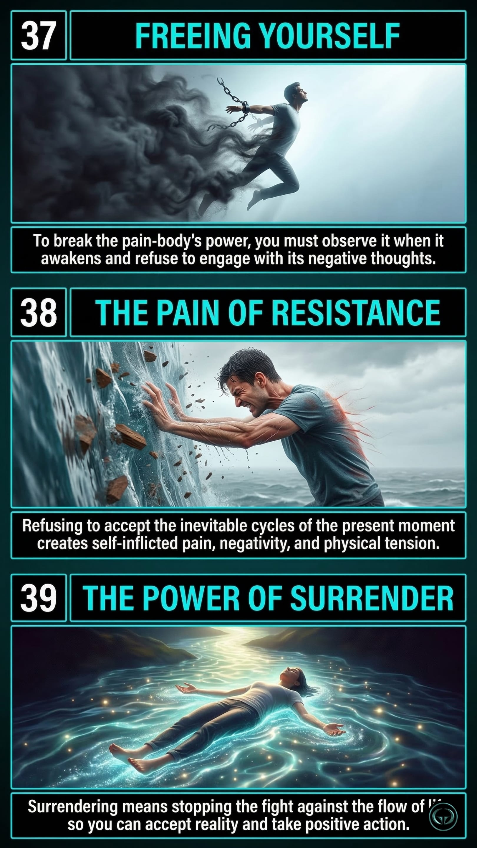 Infographic illustrating three The Power of Now insights by Eckhart Tolle: Top panel shows freeing yourself by starving the pain-body; Middle panel depicts the self-inflicted pain of resisting the present moment; Bottom panel visualizes the peace of surrender.