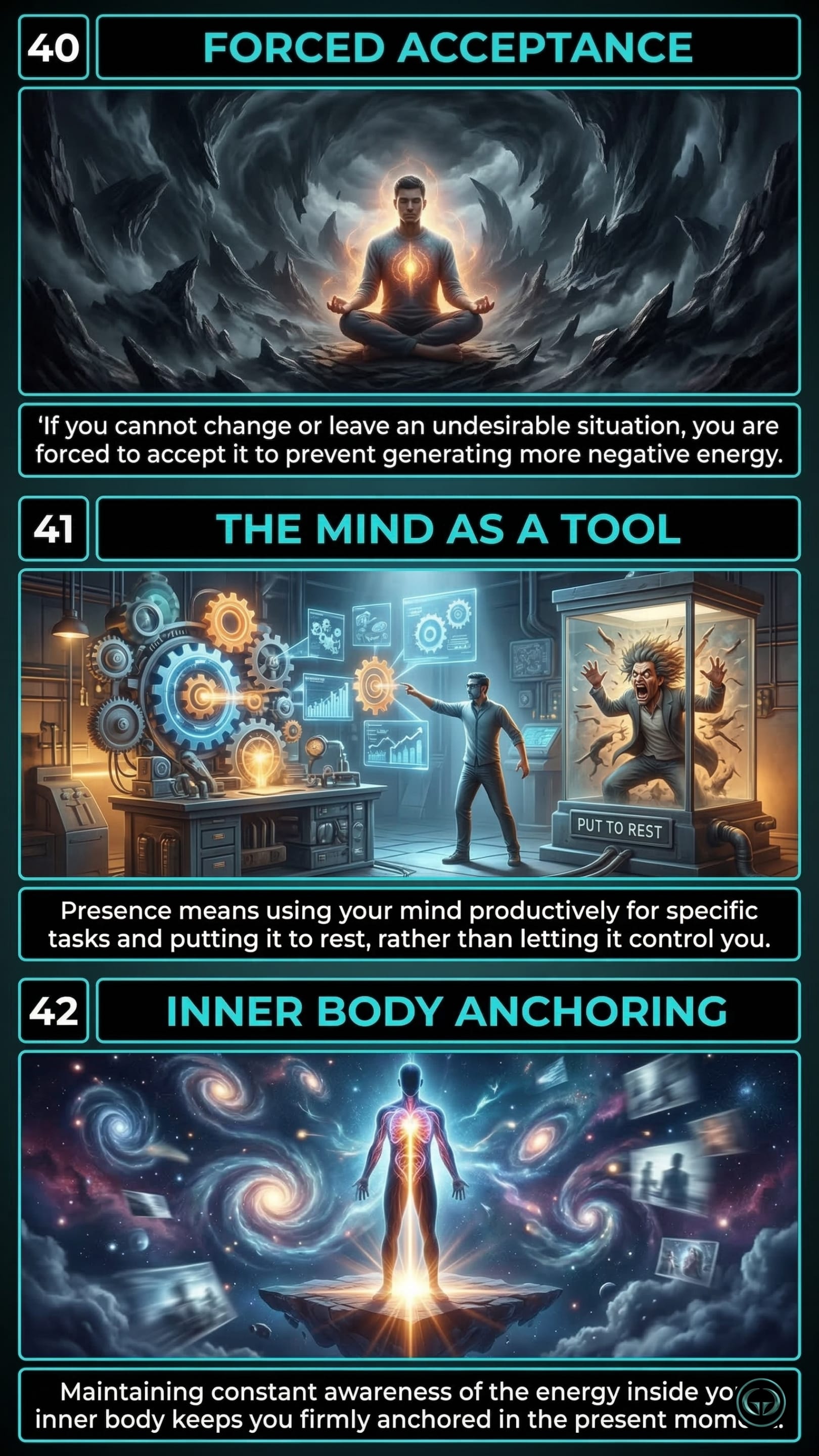 Infographic illustrating three The Power of Now insights: Top panel shows forced acceptance to halt negativity; Middle panel depicts managing the ego by using the mind as a tool; Bottom panel visualizes inner body anchoring for continuous presence, by Eckhart Tolle.