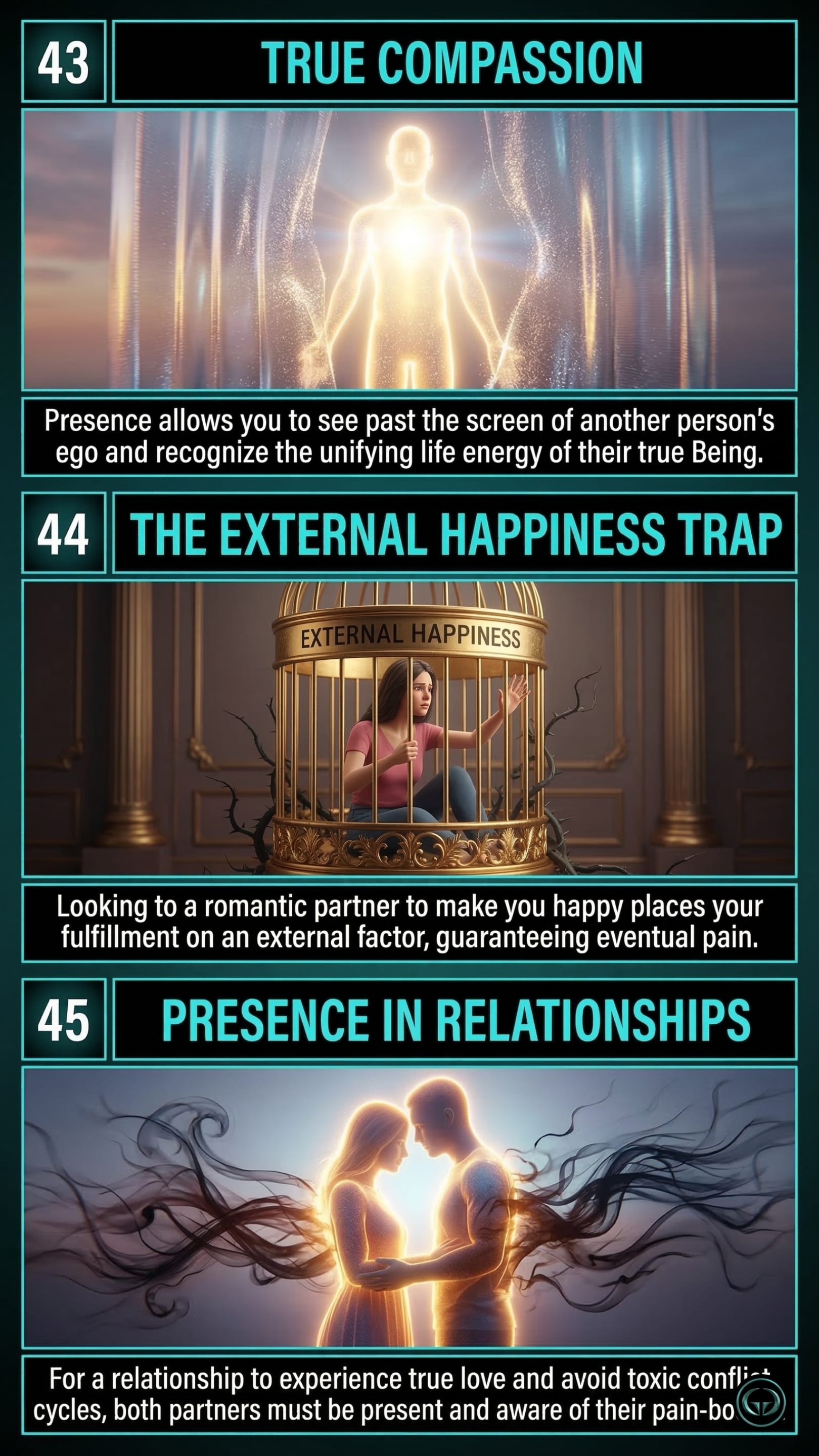 Infographic illustrating three The Power of Now insights by Eckhart Tolle: Top panel shows true compassion beyond the ego; Middle panel depicts the external happiness trap in romance; Bottom panel visualizes finding true love through presence in relationships.