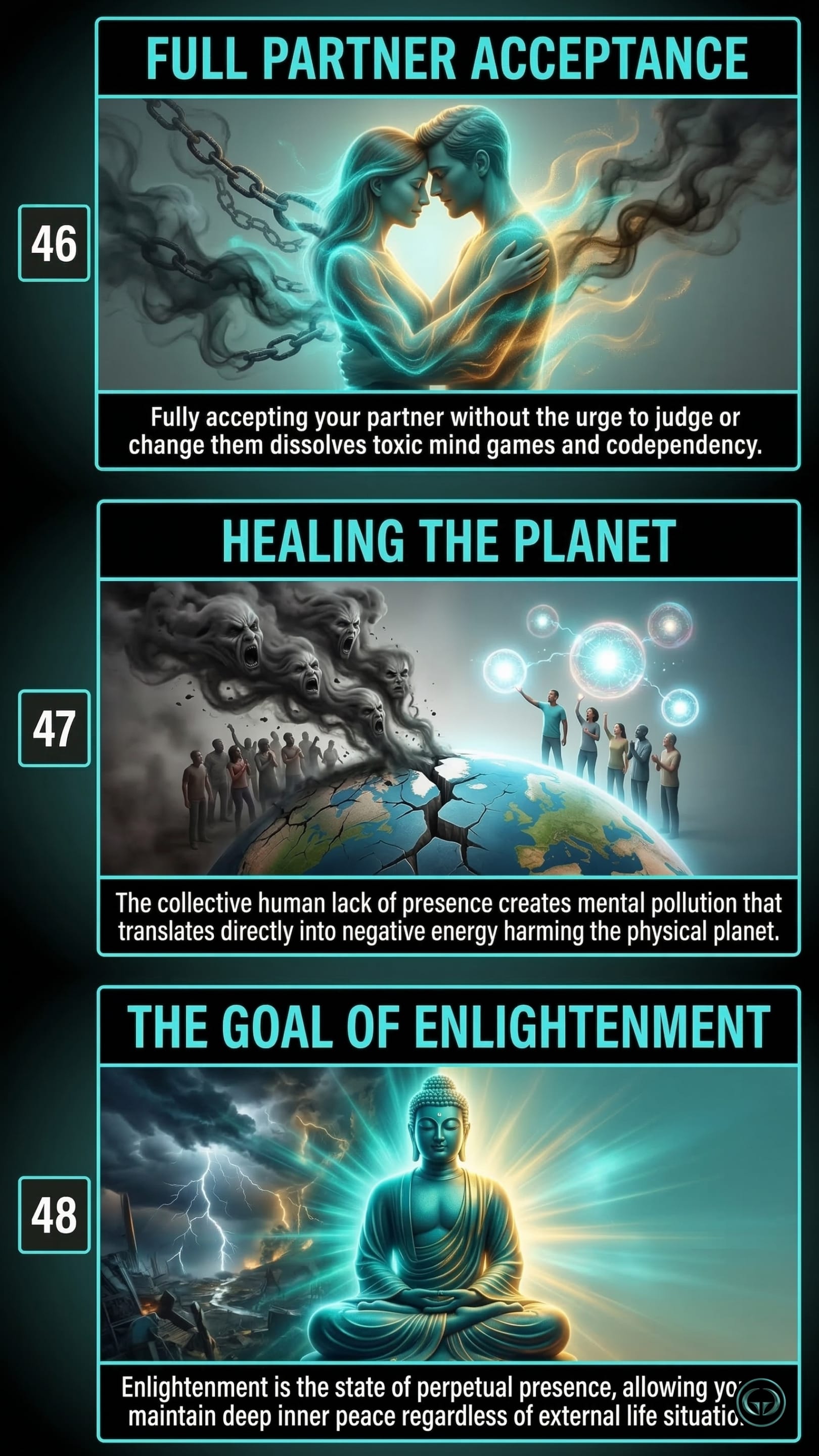 Infographic illustrating three The Power of Now insights: Top panel shows full partner acceptance dissolving codependency; Middle panel depicts healing the planet's mental pollution through presence; Bottom panel visualizes the ultimate goal of enlightenment, by Eckhart Tolle.
