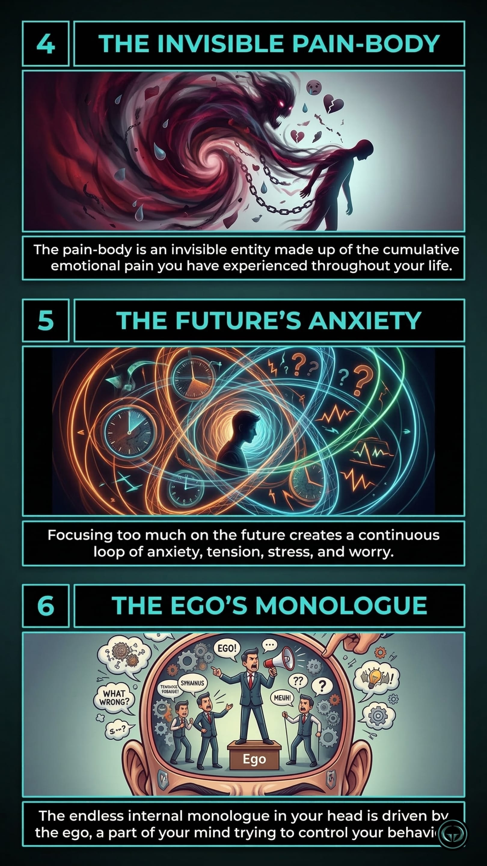 Infographic illustrating three The Power of Now insights by Eckhart Tolle: Top panel shows the invisible pain-body of accumulated emotional trauma; Middle panel depicts the continuous loop of anxiety caused by future-focused thinking; Bottom panel visualizes the controlling nature of the ego's internal monologue.