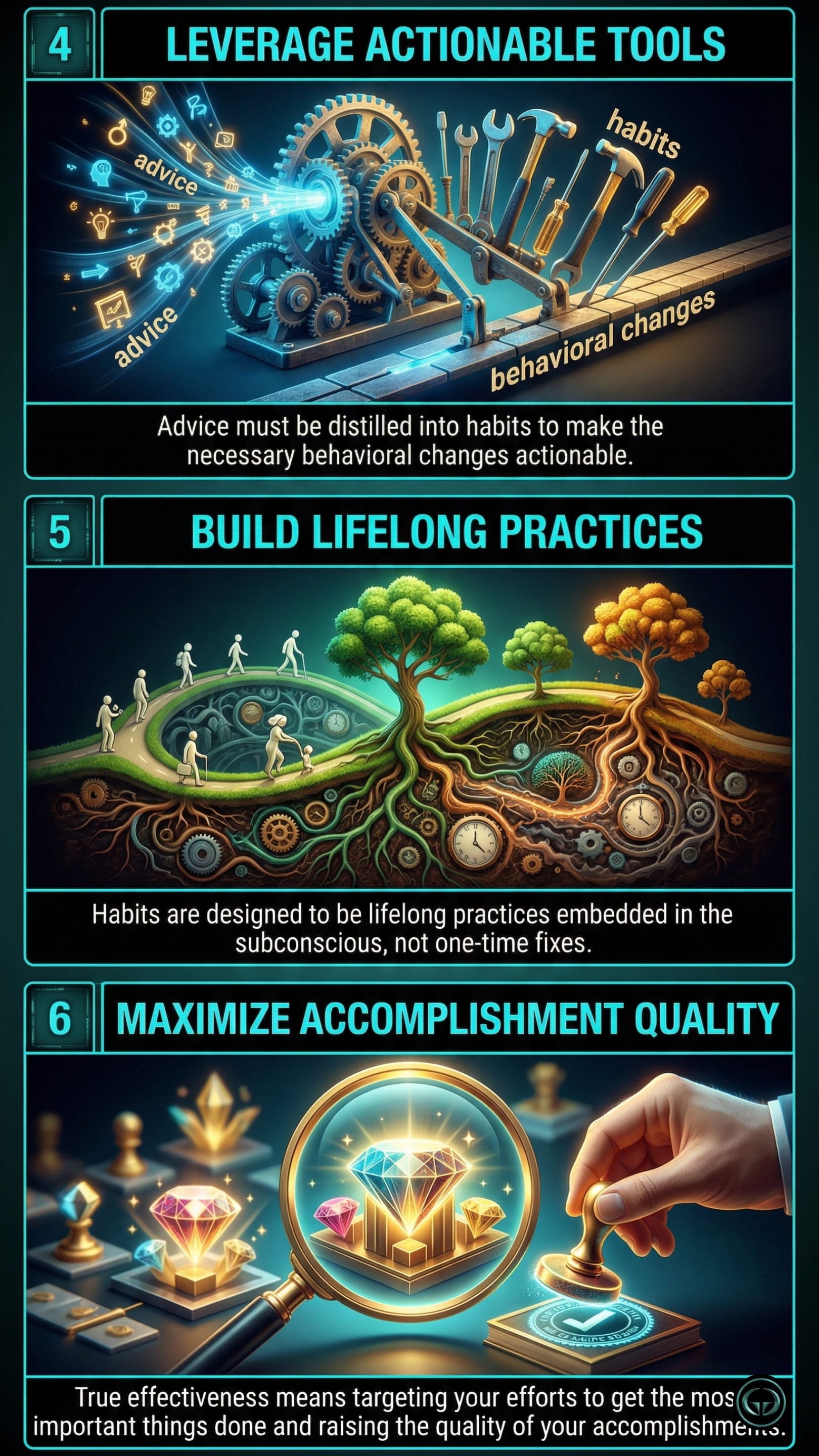 Infographic illustrating three 7 Habits of Highly Effective People insights: Top panel shows Habit 1, Be Proactive, using the Circle of Influence; Middle panel depicts Habit 2, Begin with the End in Mind; Bottom panel visualizes personal leadership through a mission statement.