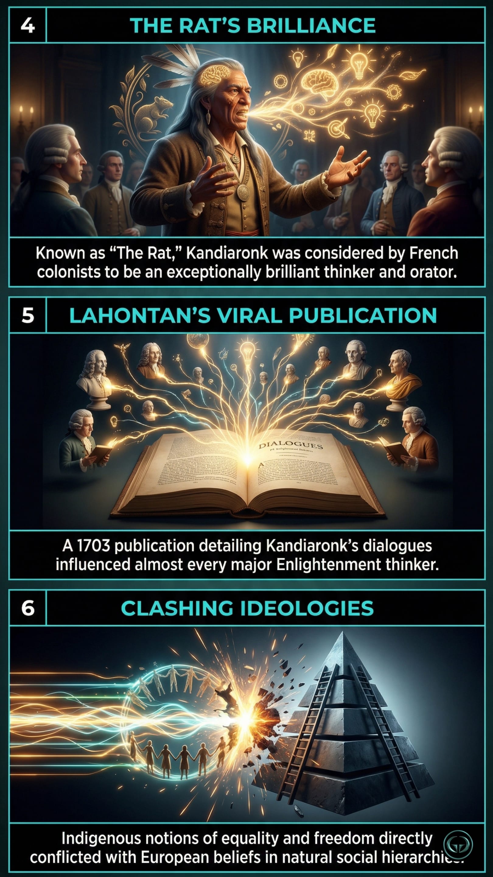 Infographic illustrating three The Dawn of Everything insights by Graeber & Wengrow: Top panel shows Kandiaronk's intellectual brilliance; Middle panel depicts the viral spread of his dialogues; Bottom panel visualizes Indigenous equality clashing with European hierarchies.