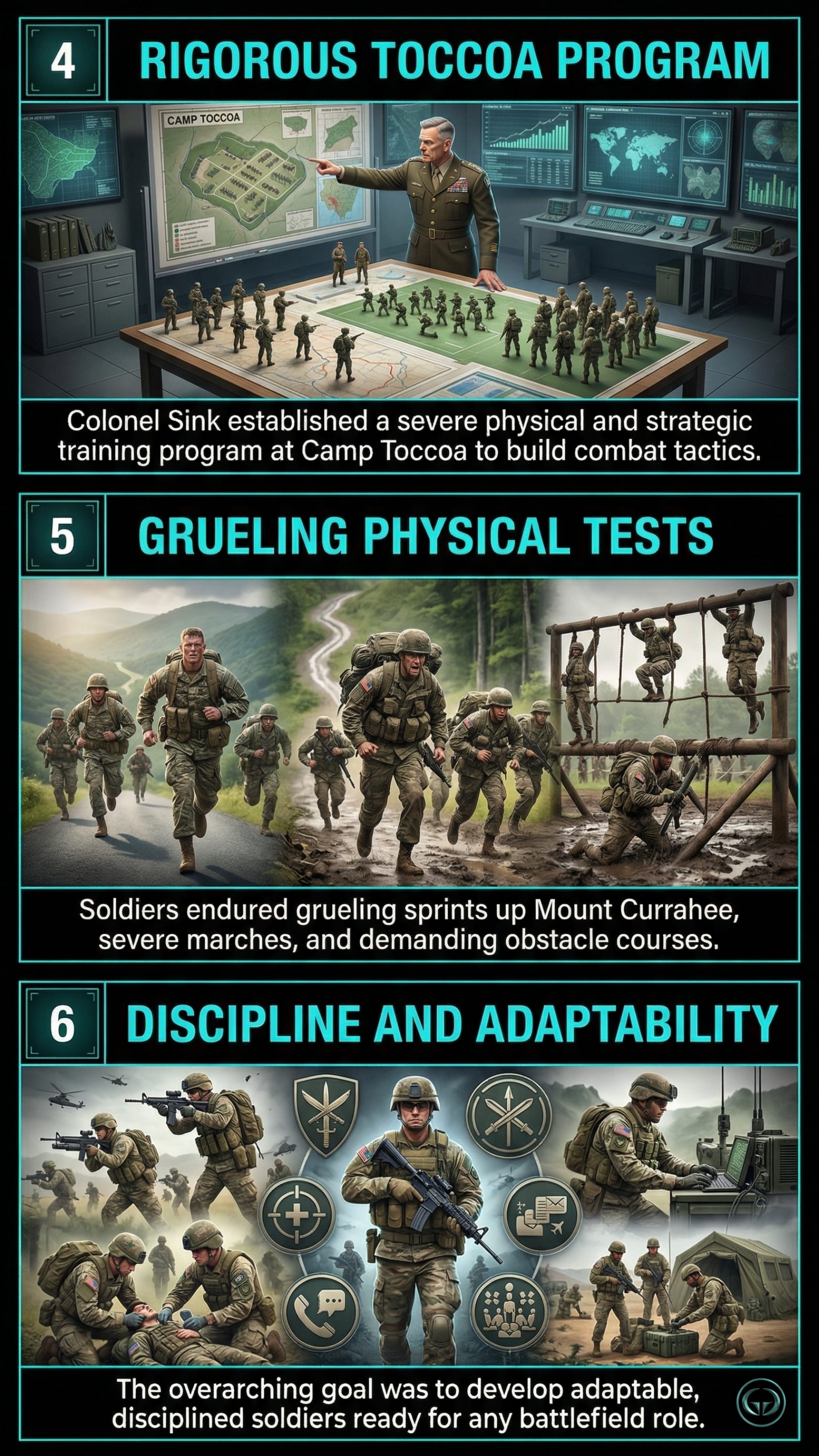 Infographic illustrating three Band of Brothers insights by Stephen R. Ambrose: Top panel shows Colonel Sink's rigorous Camp Toccoa strategic program; Middle panel depicts grueling physical endurance tests on Mount Currahee; Bottom panel visualizes the overarching goal of soldier discipline and battlefield adaptability.