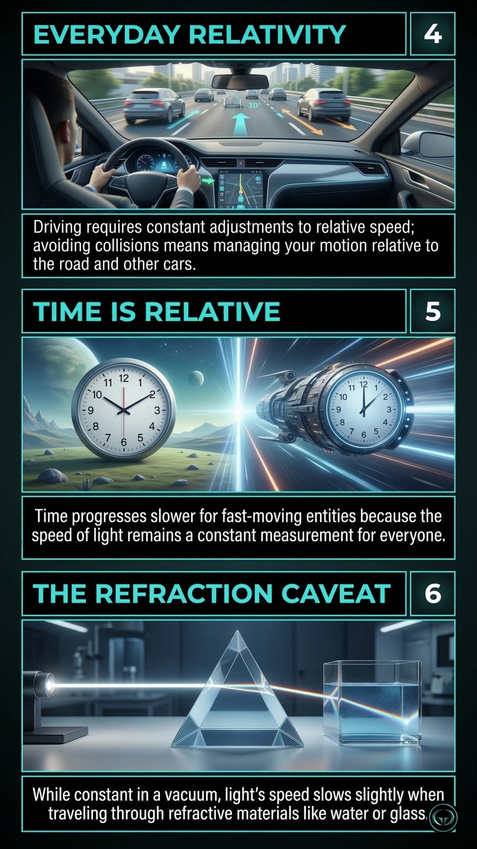Infographic illustrating three A Brief History of Time insights by Stephen Hawking: Top panel shows everyday relativity in driving; Middle panel depicts time dilation for fast-moving entities; Bottom panel visualizes light slowing through refraction