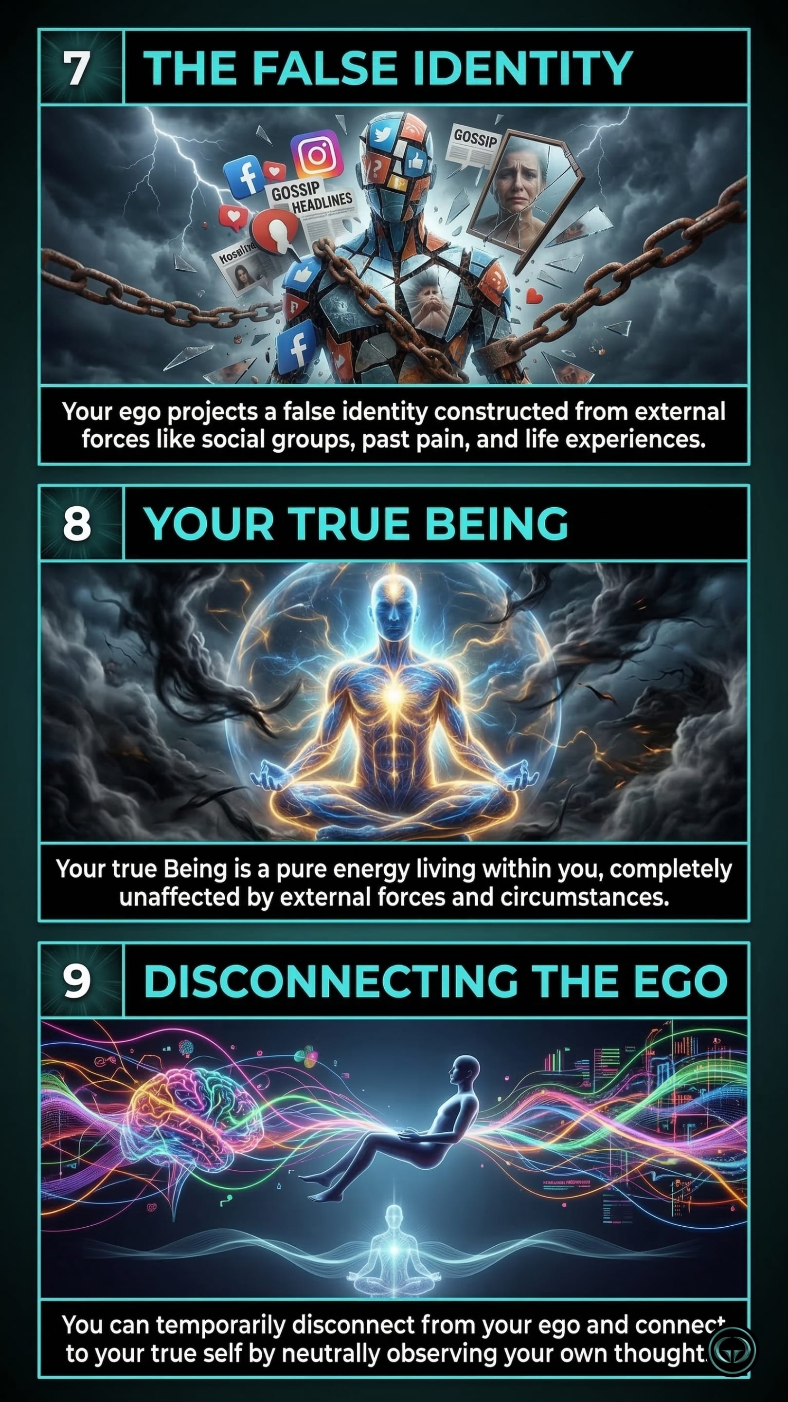 Infographic illustrating three The Power of Now insights by Eckhart Tolle: Top panel shows the ego's false identity constructed from external forces; Middle panel depicts your true Being as pure, unaffected inner energy; Bottom panel visualizes disconnecting from the ego by neutrally observing your thoughts.