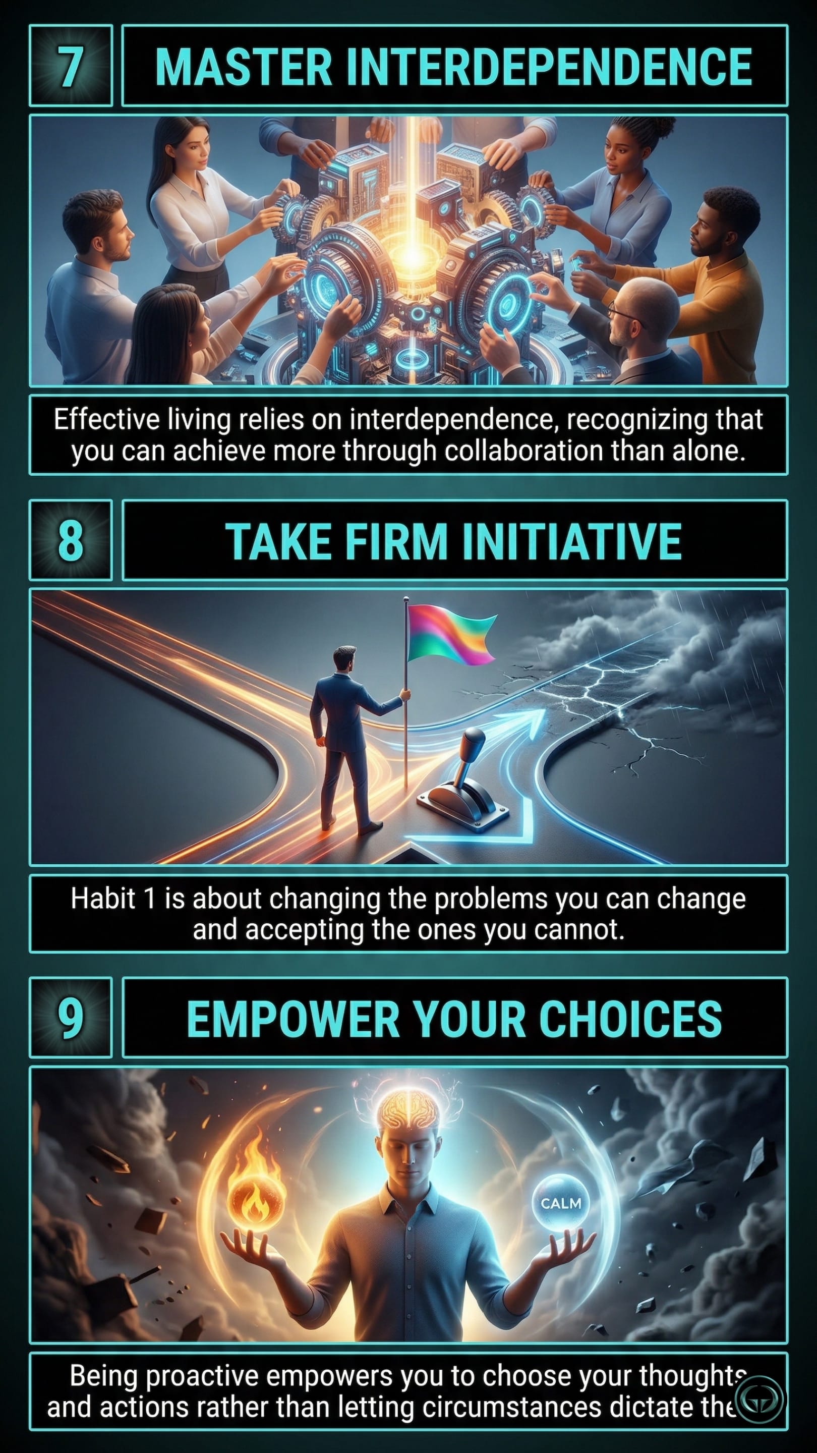 Infographic illustrating three 7 Habits of Highly Effective People insights by Stephen Covey: Top panel shows the Time Management Matrix for Habit 3; Middle panel depicts prioritizing "Big Rocks" or Quadrant II activities; Bottom panel visualizes the discipline of saying no to the unimportant.