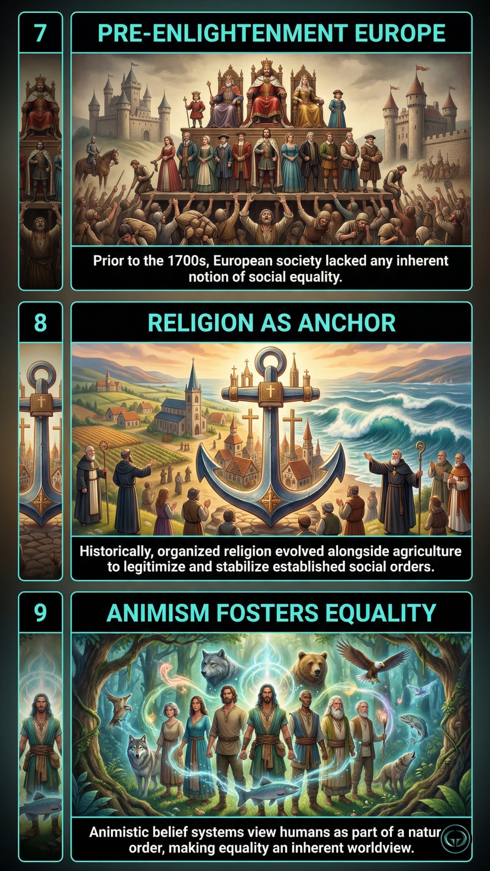 Infographic illustrating three The Dawn of Everything insights by Graeber & Wengrow: Top panel shows pre-Enlightenment European inequality; Middle panel depicts religion stabilizing social orders; Bottom panel visualizes animism fostering natural human equality.