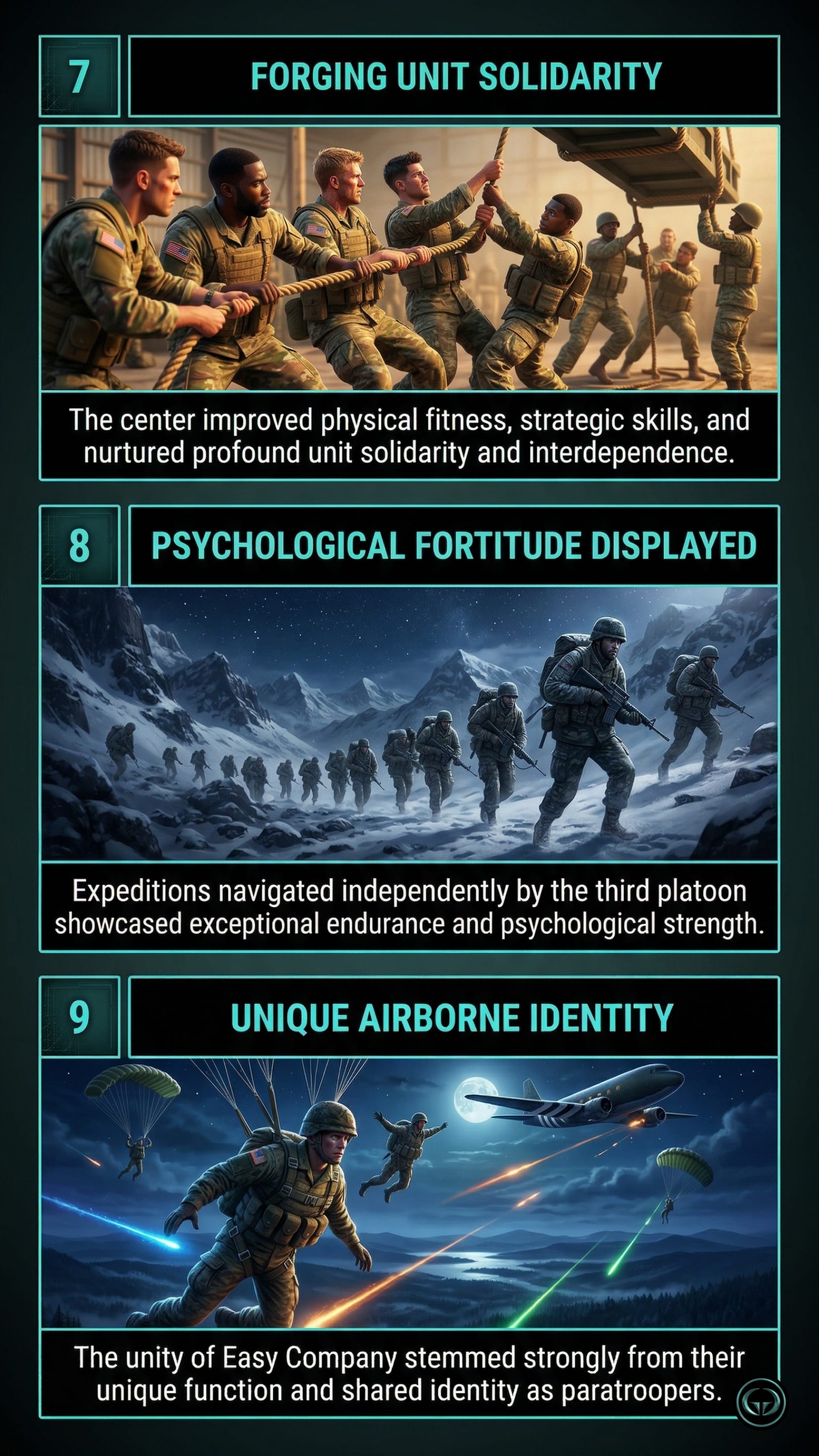 Infographic illustrating three Band of Brothers insights by Stephen R. Ambrose: Top panel shows teamwork forging profound unit solidarity; Middle panel depicts soldiers' psychological fortitude and endurance in harsh winter environments; Bottom panel visualizes Easy Company's unique elite identity as paratroopers in combat.