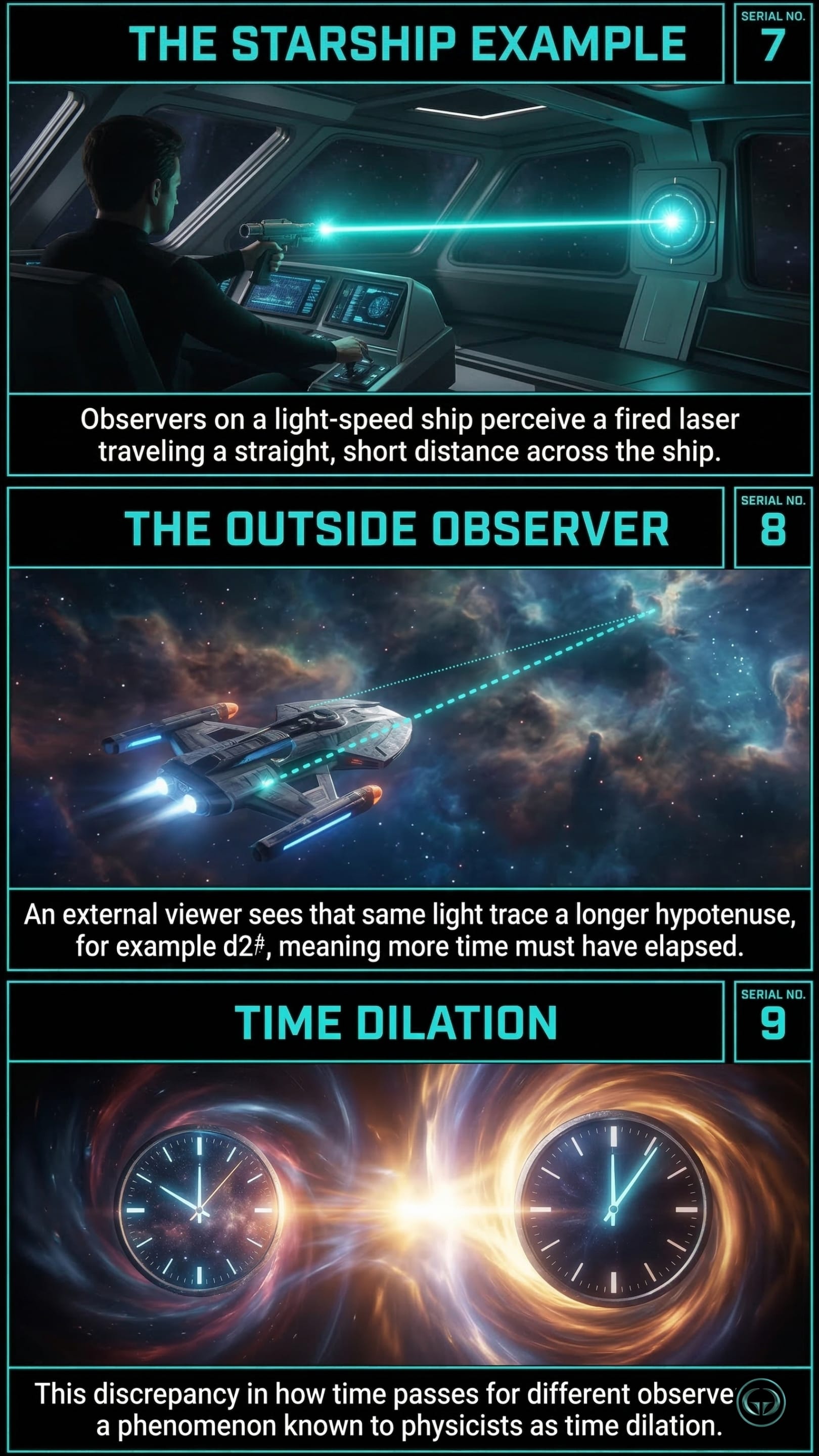 Infographic illustrating three A Brief History of Time insights by Stephen Hawking: Top panel shows a starship laser's internal straight path; Middle panel depicts the longer hypotenuse path seen by an outside observer; Bottom panel visualizes the resulting time dilation.