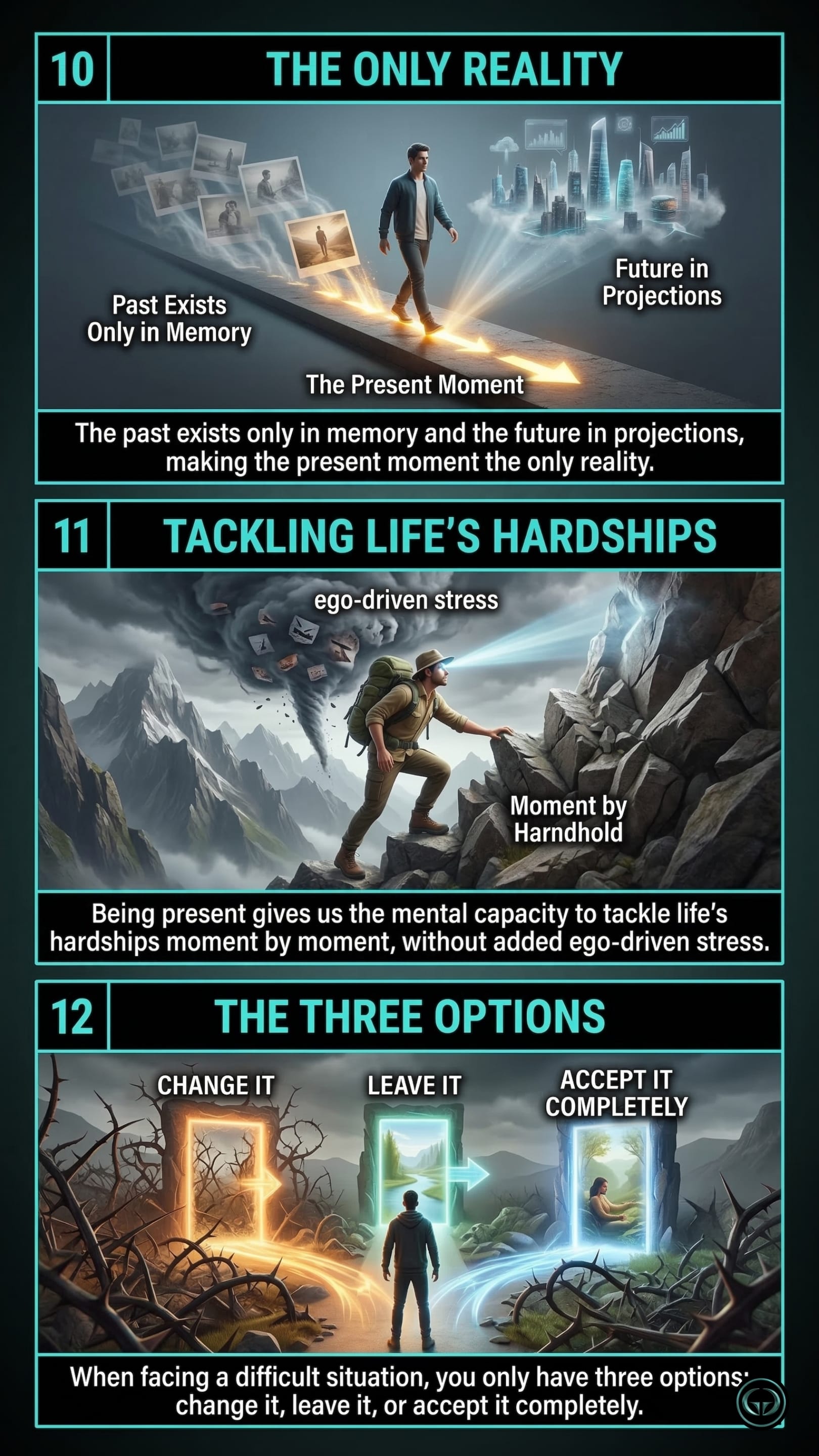 Infographic illustrating three The Power of Now insights by Eckhart Tolle: Top panel shows the present moment as the only true reality; Middle panel depicts overcoming life's hardships through constant presence rather than ego-driven stress; Bottom panel visualizes the necessity of surrender through changing, leaving, or fully accepting a situation.