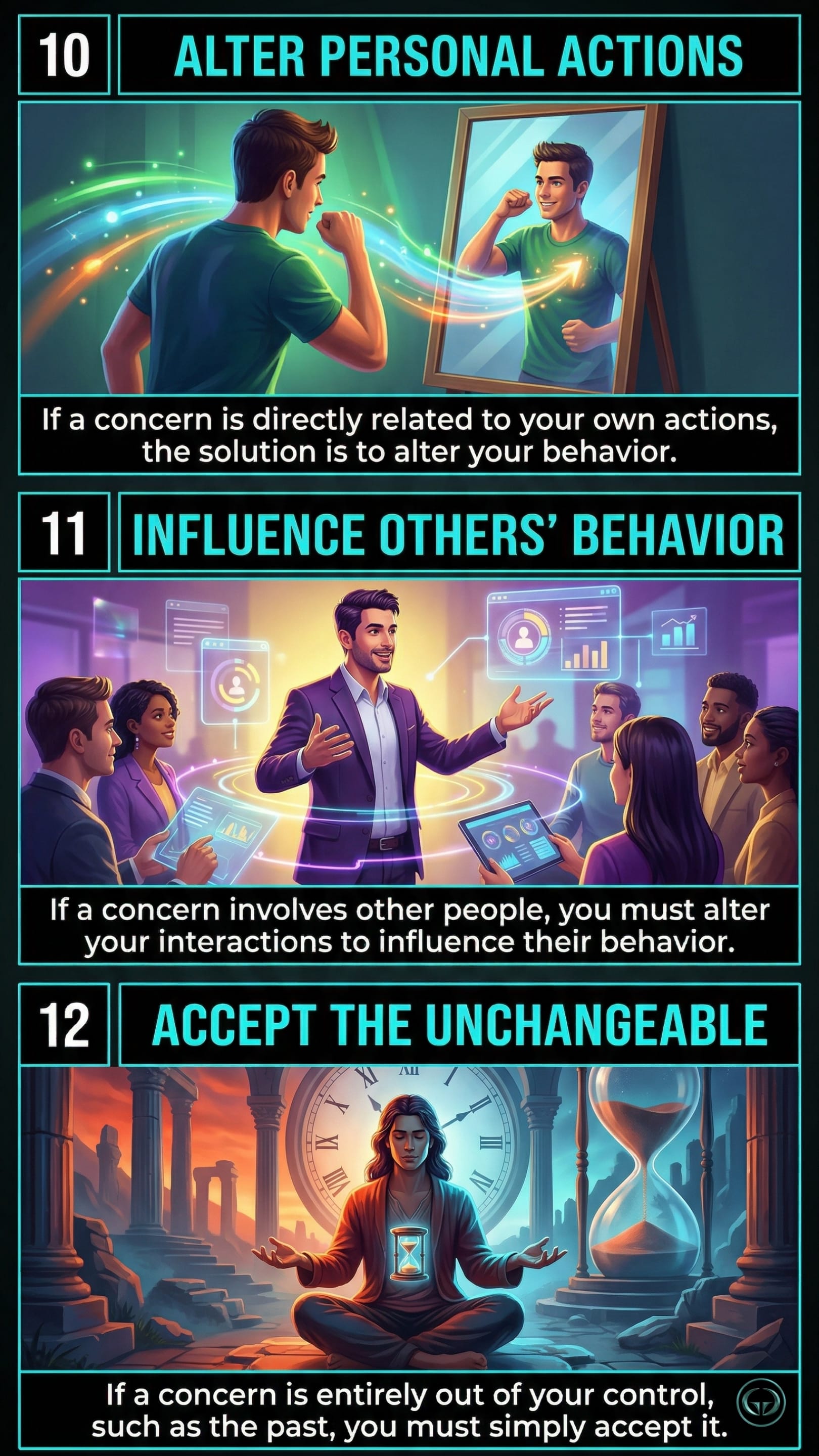 Infographic illustrating three 7 Habits of Highly Effective People insights: Top panel shows the Win-Win paradigm for mutual benefit; Middle panel depicts the Emotional Bank Account concept; Bottom panel visualizes the shift from competition to cooperation in interpersonal leadership.