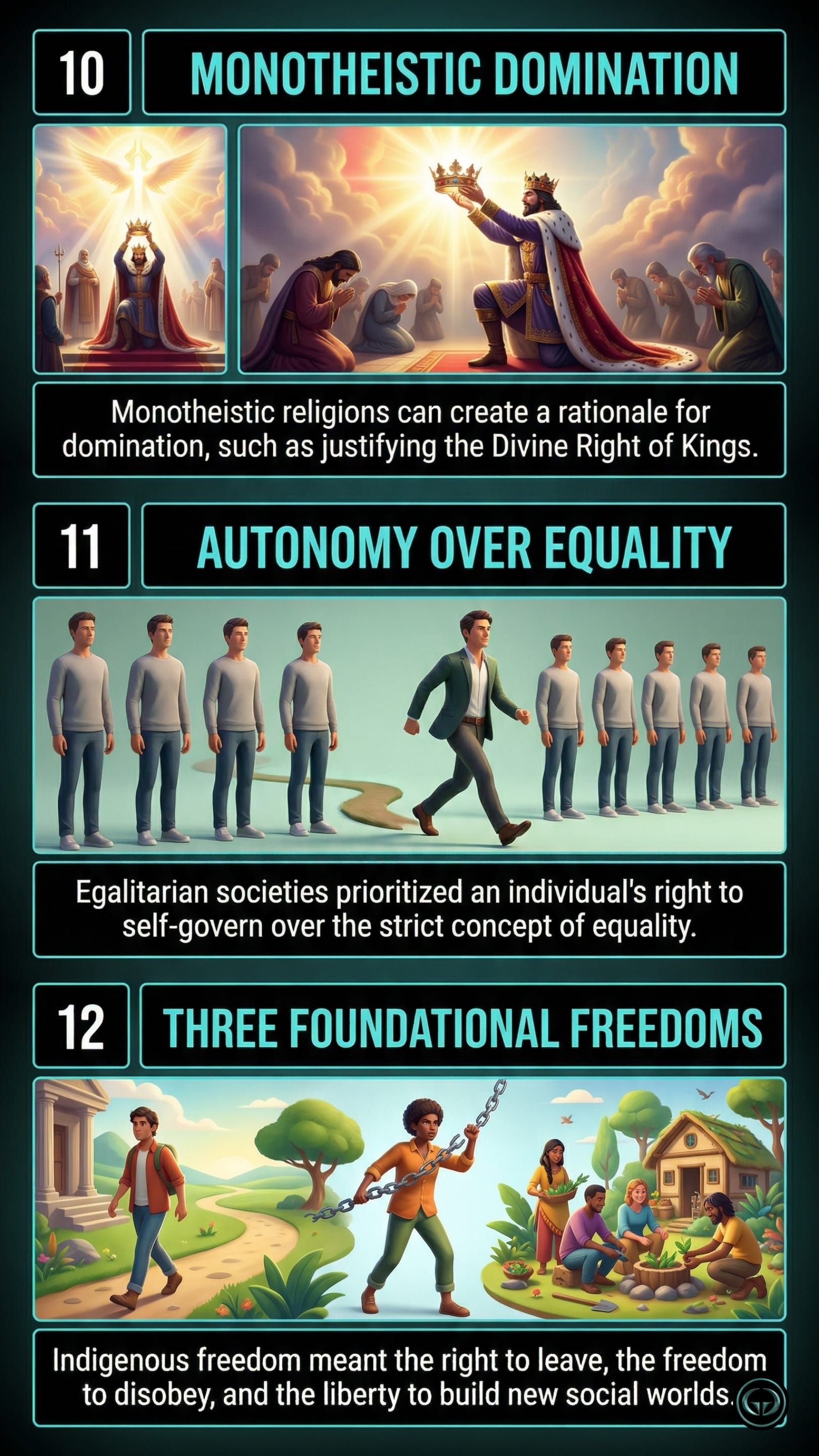 Infographic illustrating three The Dawn of Everything insights by Graeber & Wengrow: Top panel shows monotheism justifying domination; Middle panel depicts autonomy prioritized over strict equality; Bottom panel visualizes three foundational Indigenous freedoms.