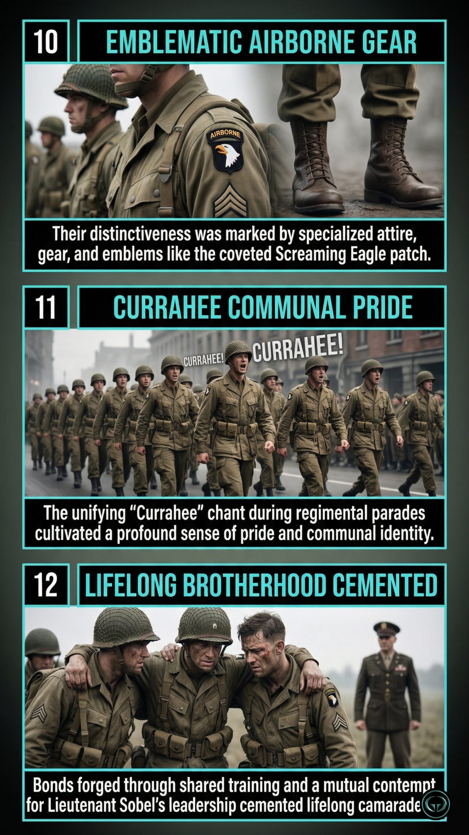 Infographic illustrating three Band of Brothers insights by Stephen R. Ambrose: Top panel shows emblematic Airborne gear like the Screaming Eagle patch; Middle panel depicts communal pride through the unifying Currahee regimental chant; Bottom panel visualizes lifelong brotherhood cemented through shared adversity and training.