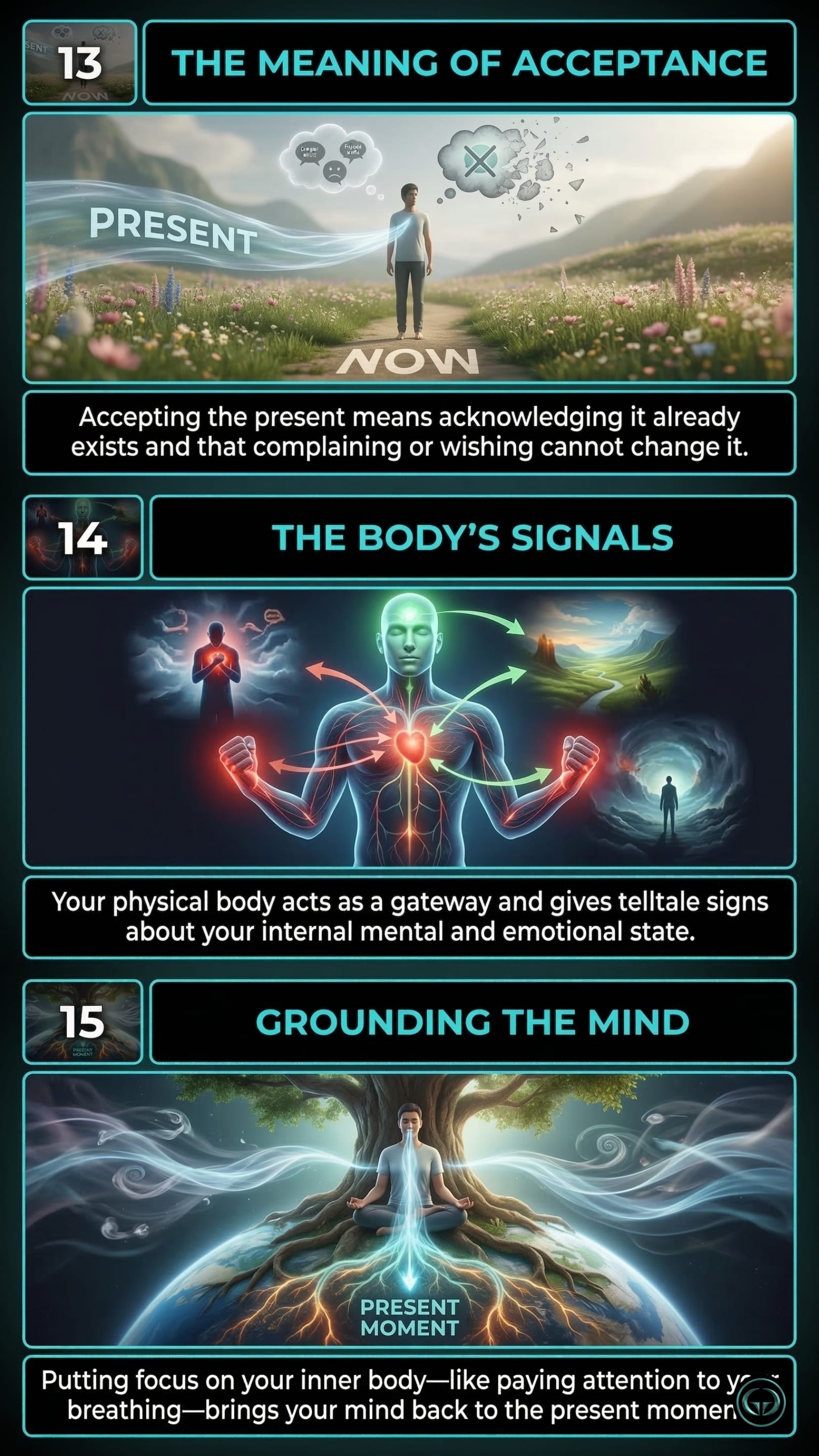 Infographic illustrating three The Power of Now insights by Eckhart Tolle: Top panel shows the true meaning of acceptance by acknowledging the present; Middle panel depicts reading the physical body's signals to understand internal emotional states; Bottom panel visualizes grounding the mind in the present moment through inner body focus.