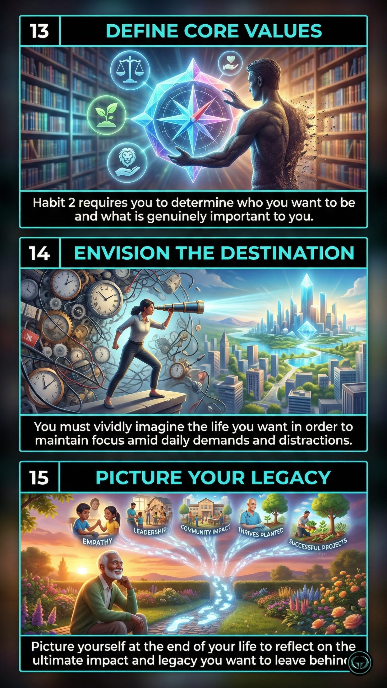 Infographic illustrating three 7 Habits of Highly Effective People insights by Stephen Covey: Top panel shows Habit 5, Empathic Listening; Middle panel depicts seeking first to understand, then to be understood; Bottom panel visualizes the psychological air needed for effective communication.