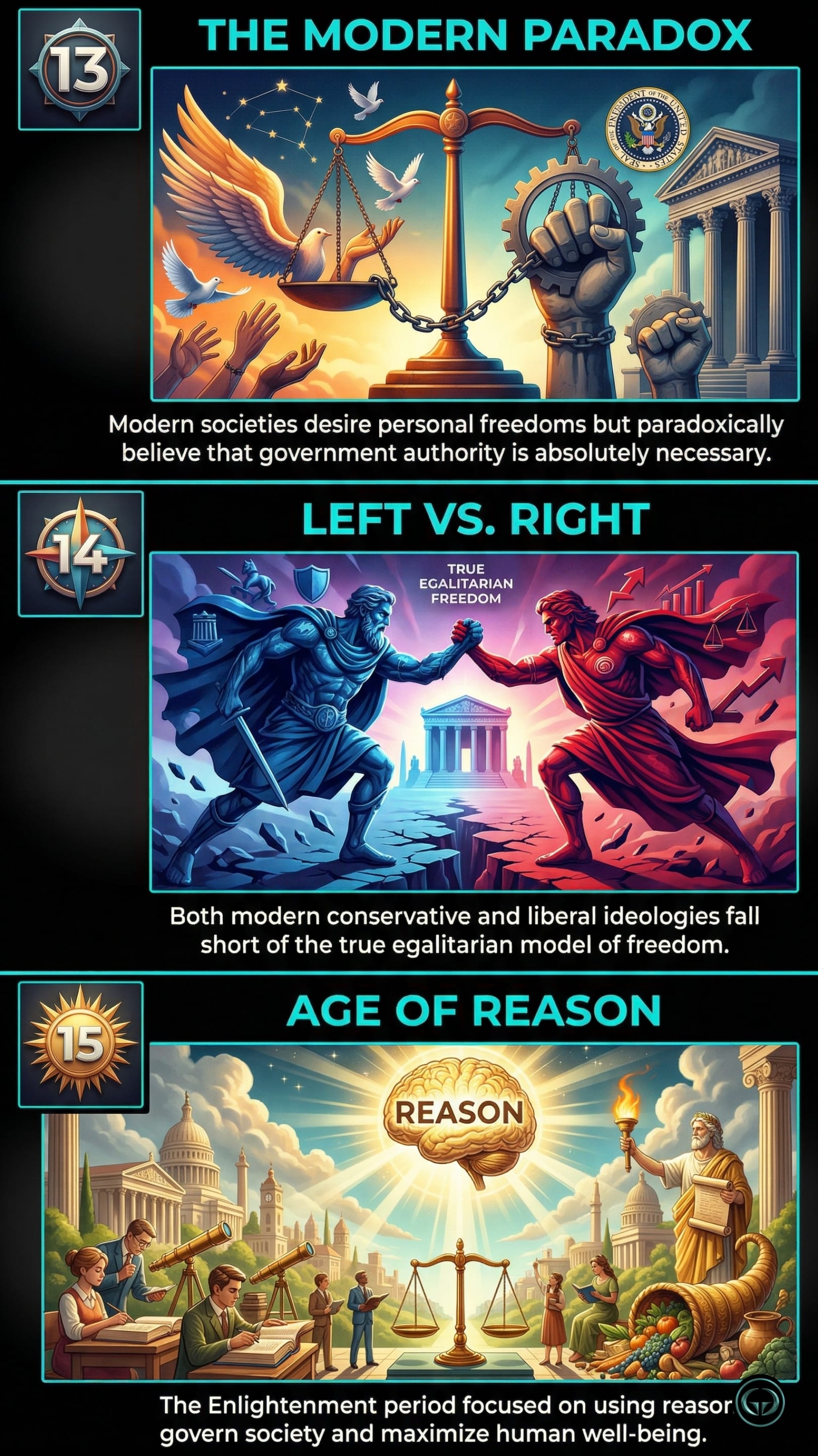 Infographic illustrating three The Dawn of Everything insights by Graeber & Wengrow: Top panel shows the modern paradox of freedom and government; Middle panel depicts political ideologies lacking true egalitarianism; Bottom panel visualizes the Enlightenment's Age of Reason.