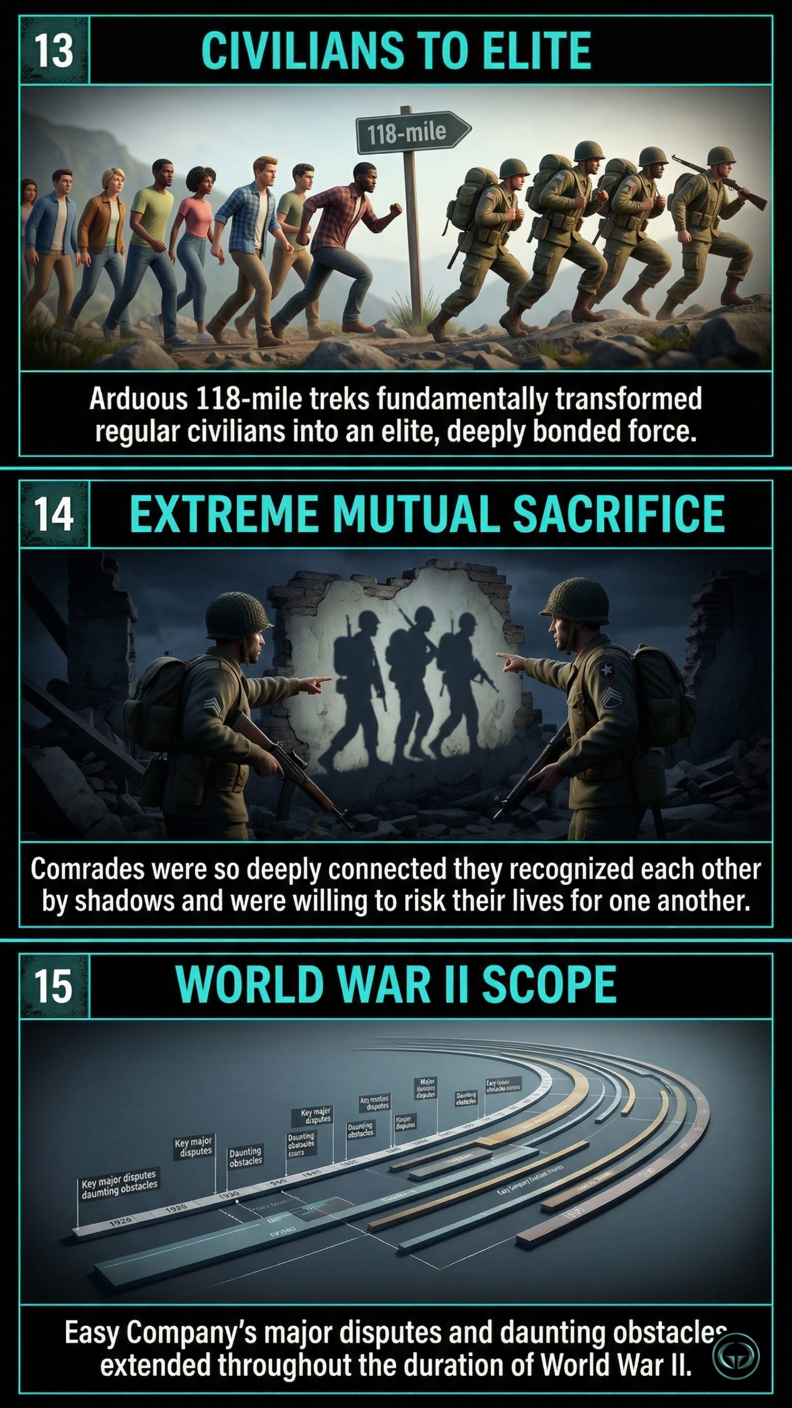 Infographic illustrating three Band of Brothers insights by Stephen R. Ambrose: Top panel shows the arduous transformation from regular civilians to elite soldiers; Middle panel depicts extreme mutual sacrifice and deep comrade connection in combat; Bottom panel visualizes the extensive historical timeline of World War II obstacles.