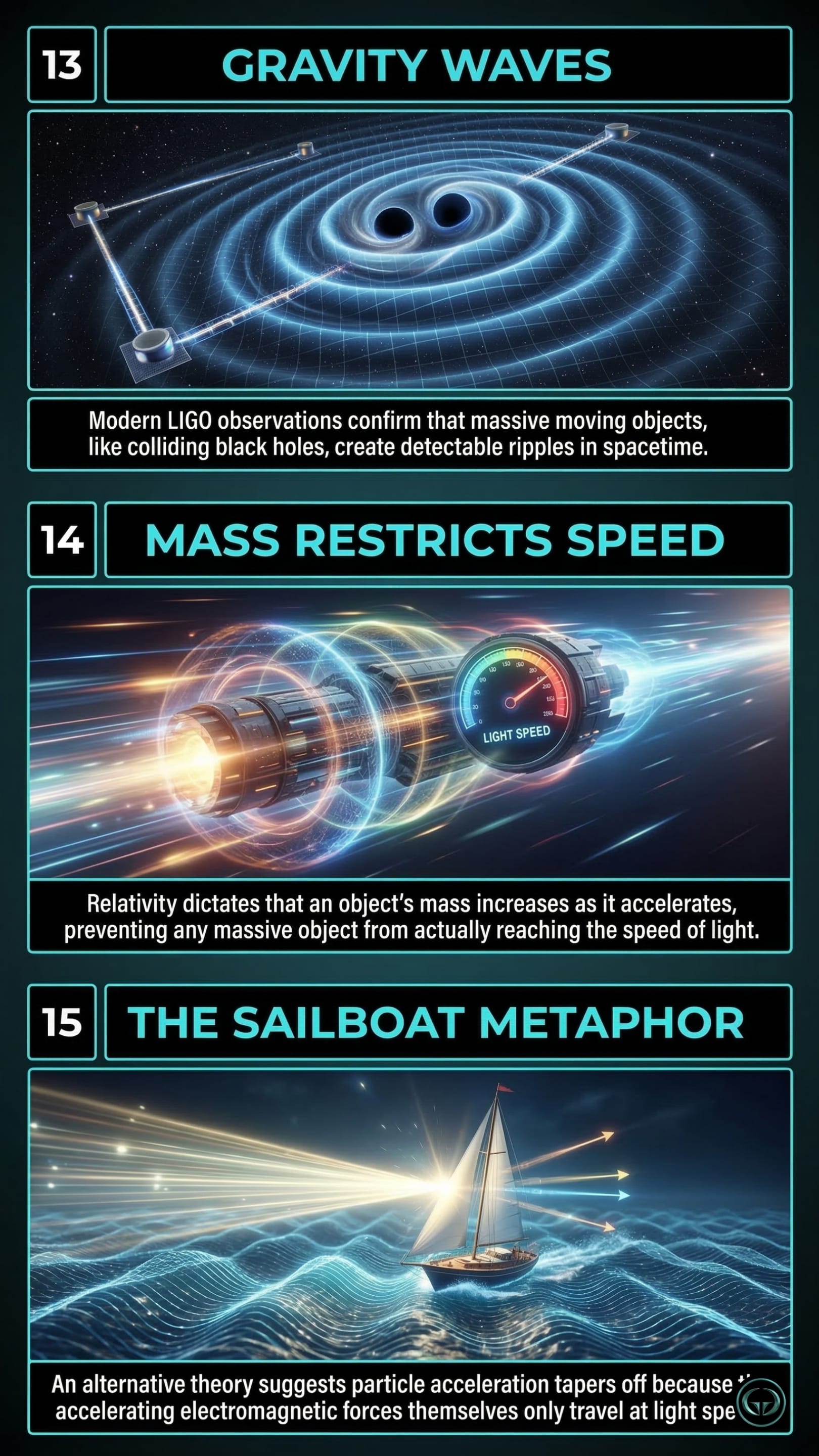 Infographic illustrating three A Brief History of Time insights by Stephen Hawking: Top panel shows gravity waves rippling from colliding black holes; Middle panel depicts mass increasing to restrict light-speed travel; Bottom panel visualizes the electromagnetic sailboat metaphor.
