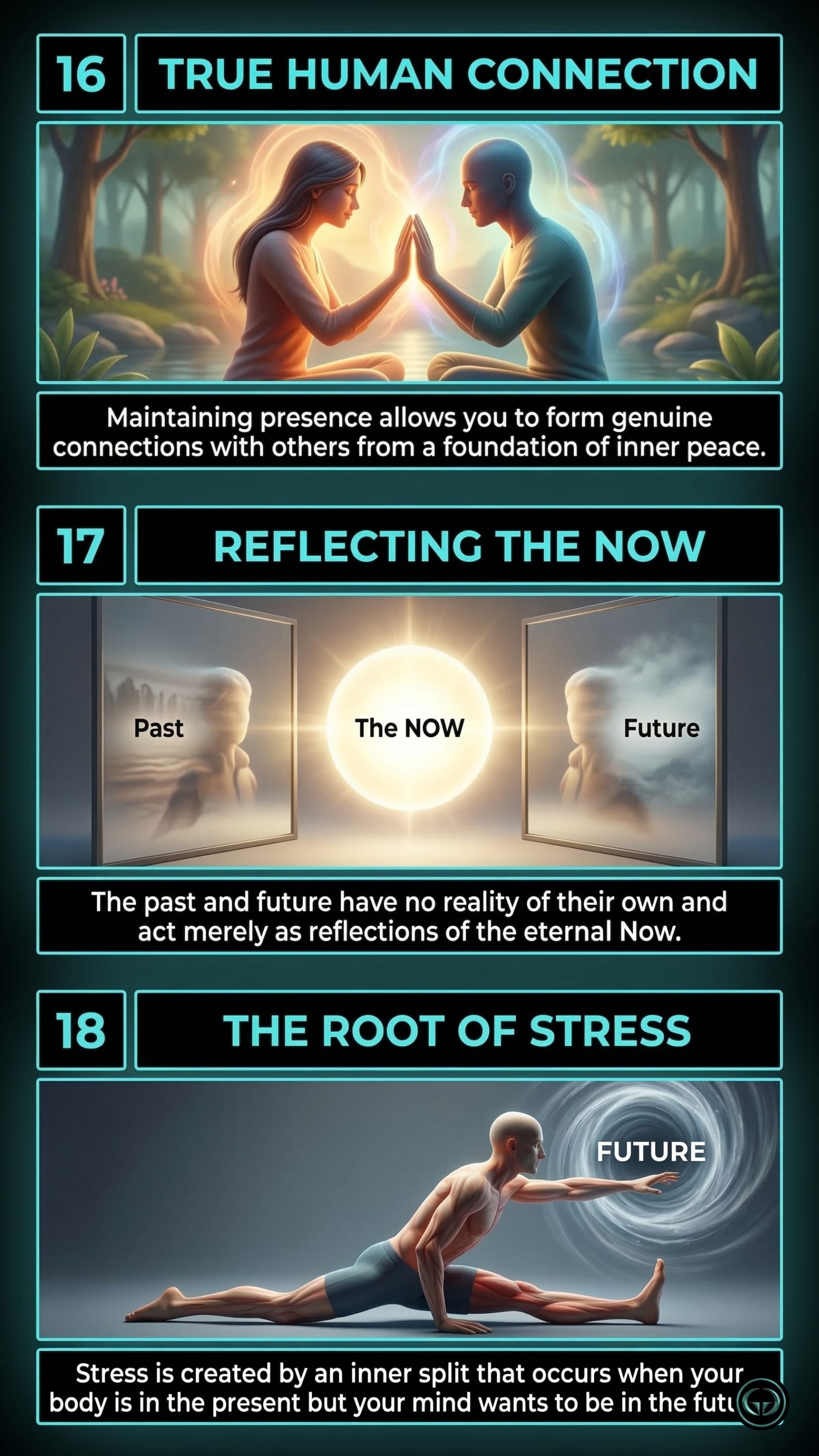 Infographic illustrating three The Power of Now insights by Eckhart Tolle: Top panel shows forming genuine human connections from a foundation of inner peace; Middle panel depicts the past and future as mere reflections of the eternal Now; Bottom panel visualizes the root of stress as an inner split between the present body and future-seeking mind.