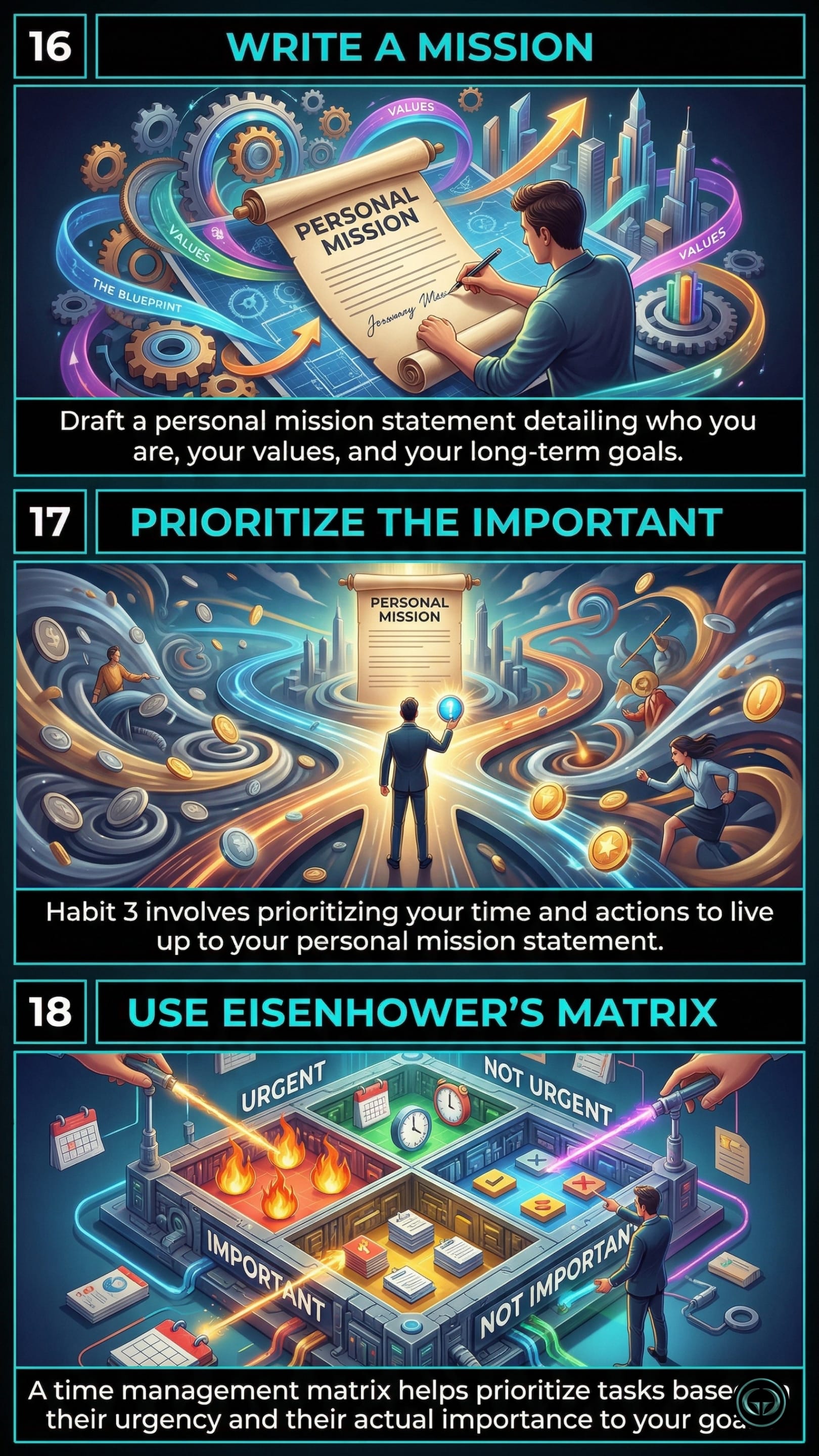 Infographic illustrating three 7 Habits of Highly Effective People insights: Top panel shows Habit 6, Synergize, through creative cooperation; Middle panel depicts Habit 7, Sharpen the Saw, for self-renewal; Bottom panel visualizes the continuous cycle of growth and improvement.