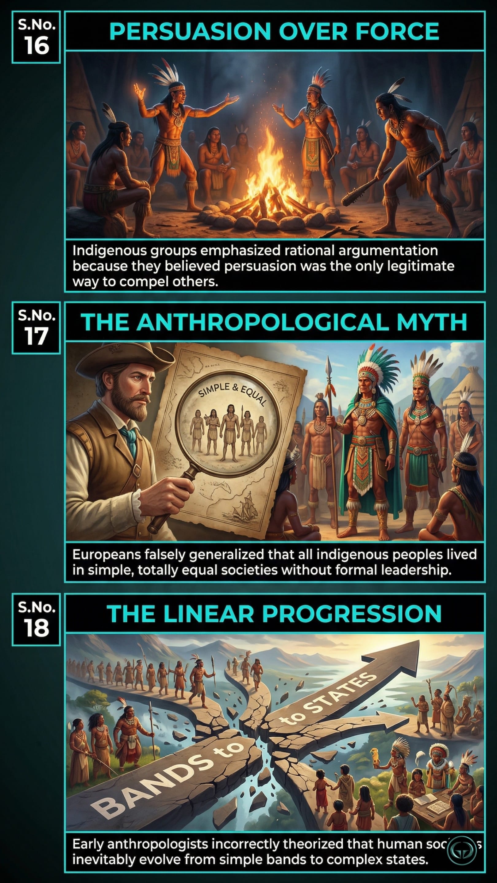 Infographic illustrating three The Dawn of Everything insights by Graeber & Wengrow: Top panel shows persuasion used over force; Middle panel depicts the anthropological myth of simple Indigenous societies; Bottom panel visualizes the flawed theory of linear social evolution.