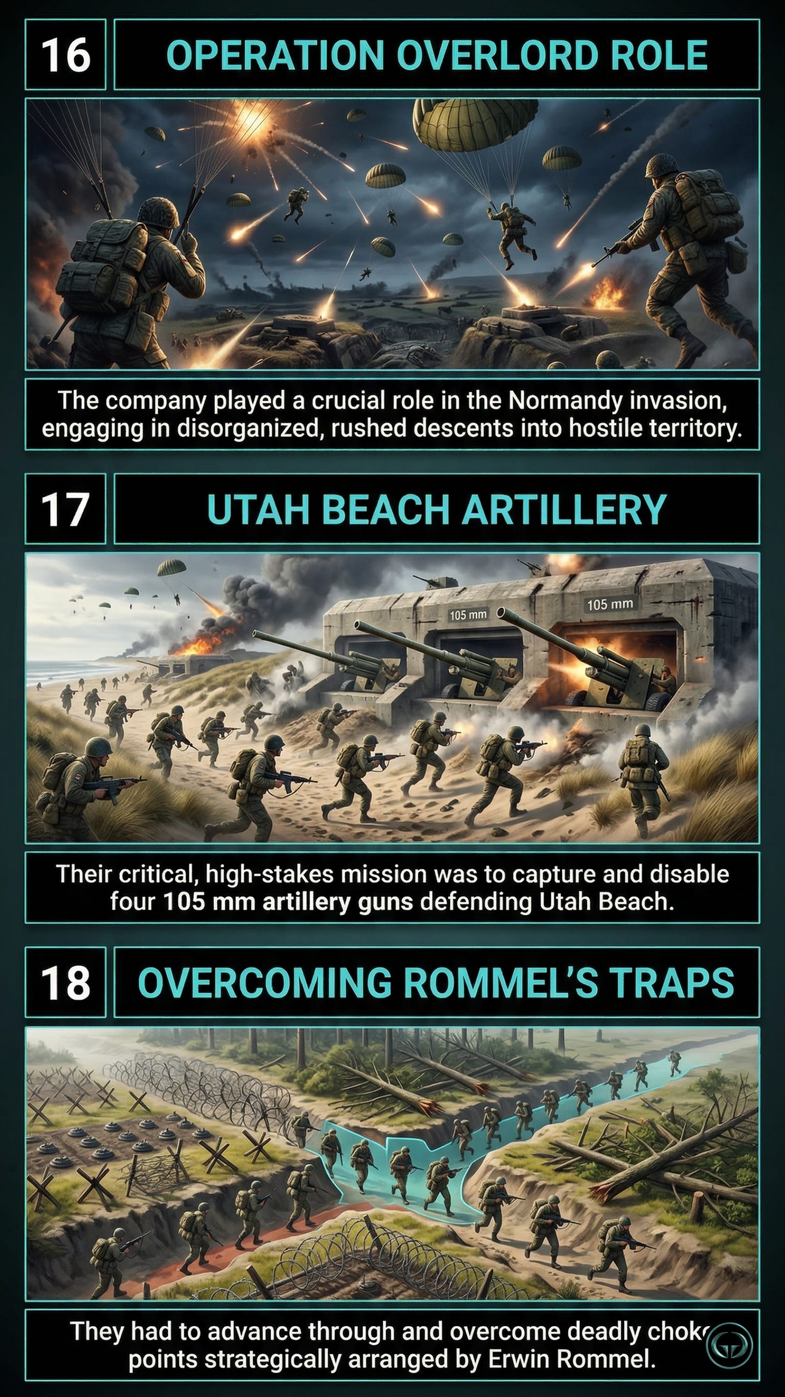 Infographic illustrating three Band of Brothers insights by Stephen R. Ambrose: Top panel shows the chaotic paratrooper descent during Operation Overlord; Middle panel depicts the critical tactical assault on Utah Beach artillery bunkers; Bottom panel visualizes soldiers overcoming deadly strategic choke points and traps.