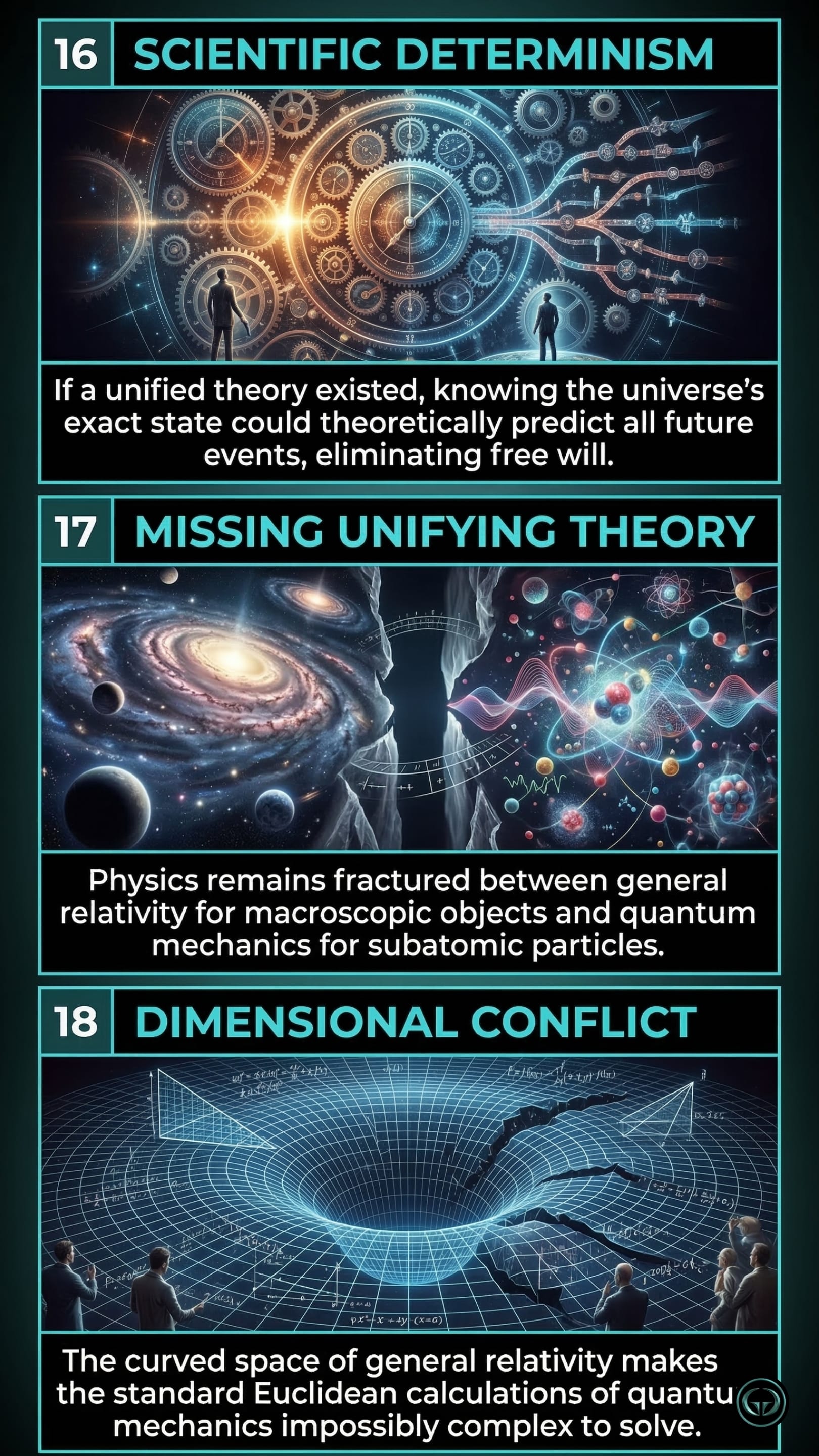 Infographic illustrating three A Brief History of Time insights by Stephen Hawking: Top panel shows scientific determinism; Middle panel depicts the missing unified theory between macroscopic gravity and quantum mechanics; Bottom panel visualizes conflicts with Euclidean dimensions.