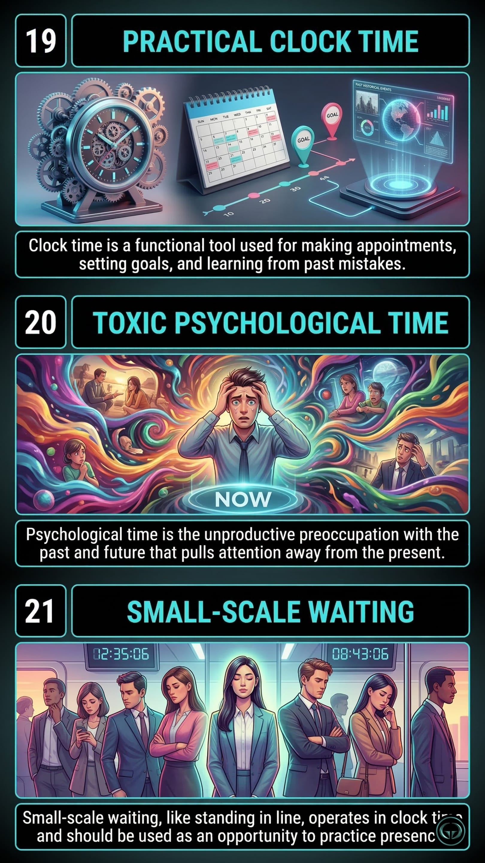 Infographic illustrating three The Power of Now insights by Eckhart Tolle: Top panel shows practical clock time used as a functional tool for planning; Middle panel depicts the toxic nature of psychological time preoccupied with past and future; Bottom panel visualizes using small-scale waiting as an opportunity to actively practice presence.