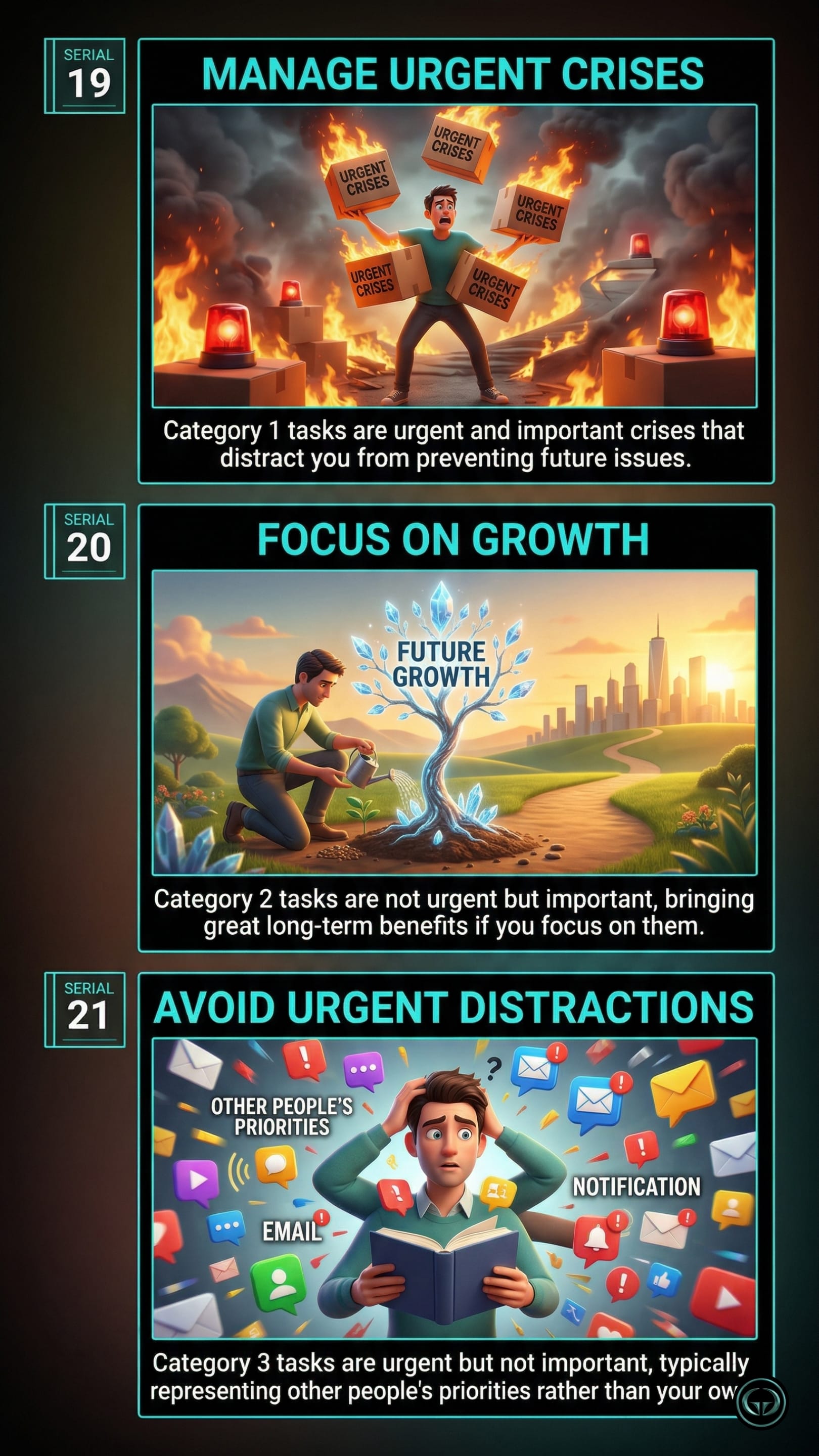 Infographic illustrating three The 7 Habits of Highly Effective People insights by Stephen R. Covey: Top panel shows managing urgent crises that demand immediate attention; Middle panel depicts focusing proactively on long-term growth; Bottom panel visualizes avoiding urgent but unimportant distractions.