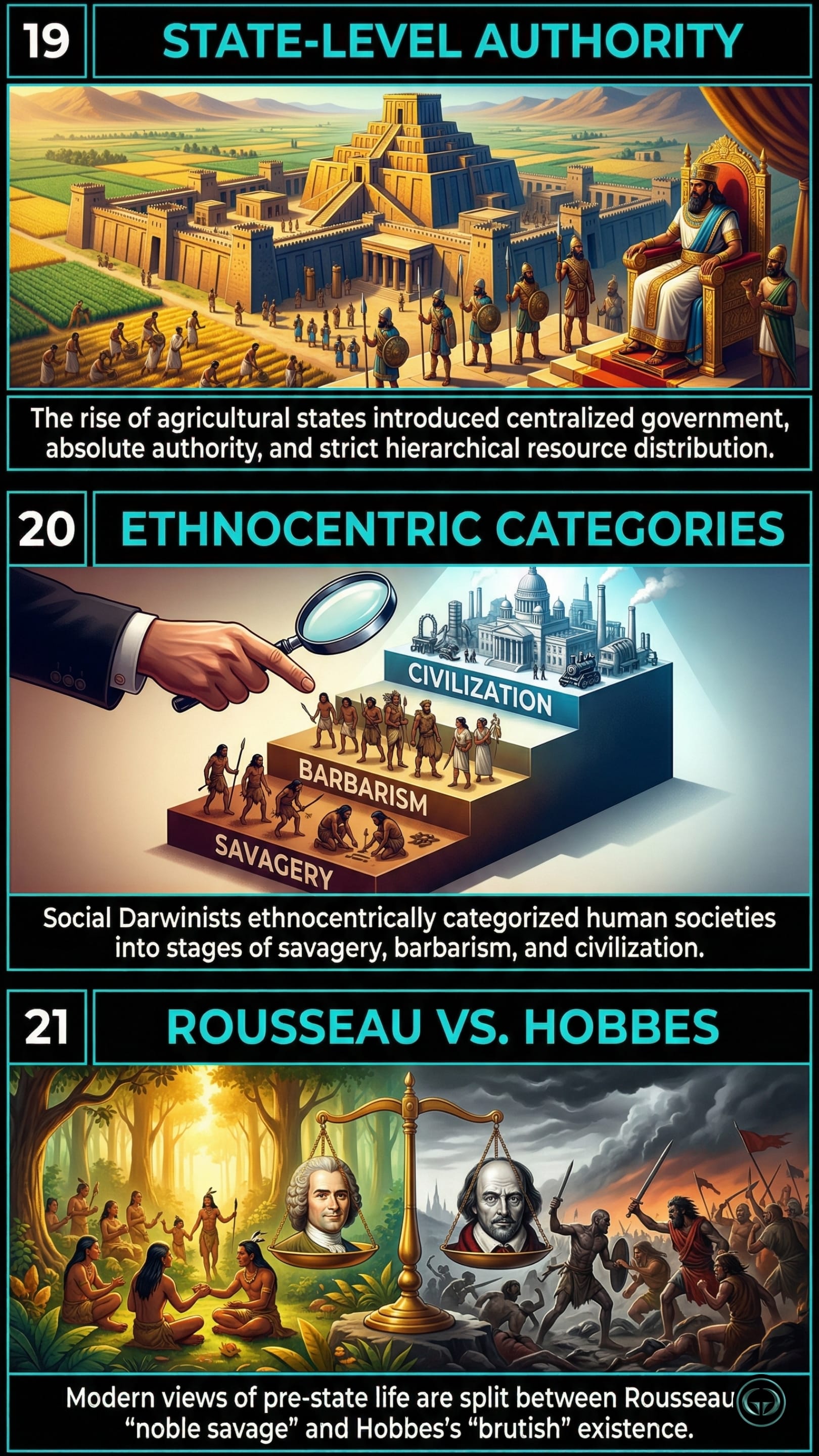 Infographic illustrating three The Dawn of Everything insights by Graeber & Wengrow: Top panel shows the rise of state-level authority; Middle panel depicts ethnocentric Social Darwinist categories; Bottom panel visualizes the split views of Rousseau and Hobbes.