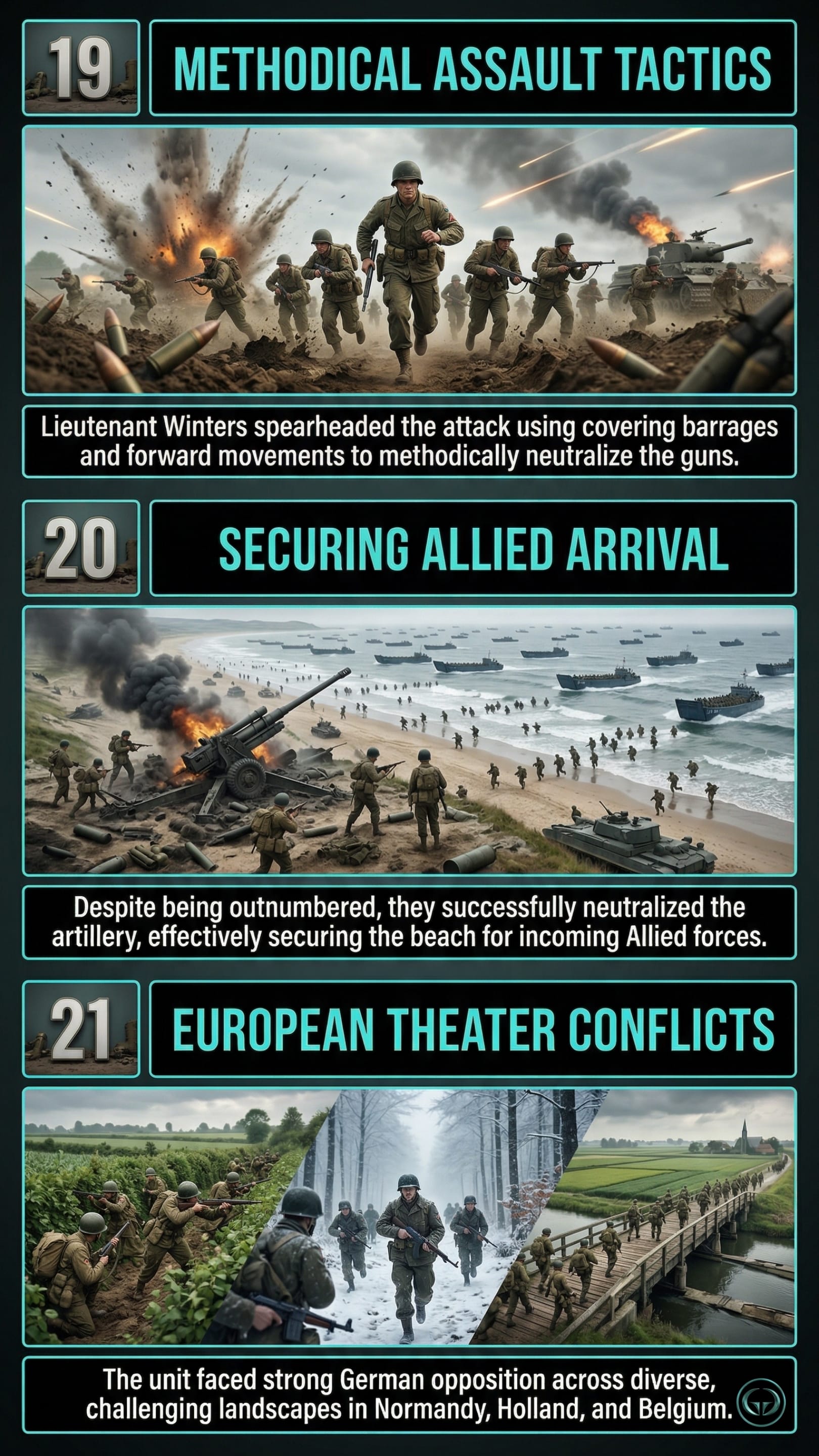 Infographic illustrating three Band of Brothers insights by Stephen R. Ambrose: Top panel shows methodical assault tactics to neutralize enemy artillery; Middle panel depicts securing D-Day beachheads for Allied forces; Bottom panel visualizes diverse combat landscapes across the European Theater.