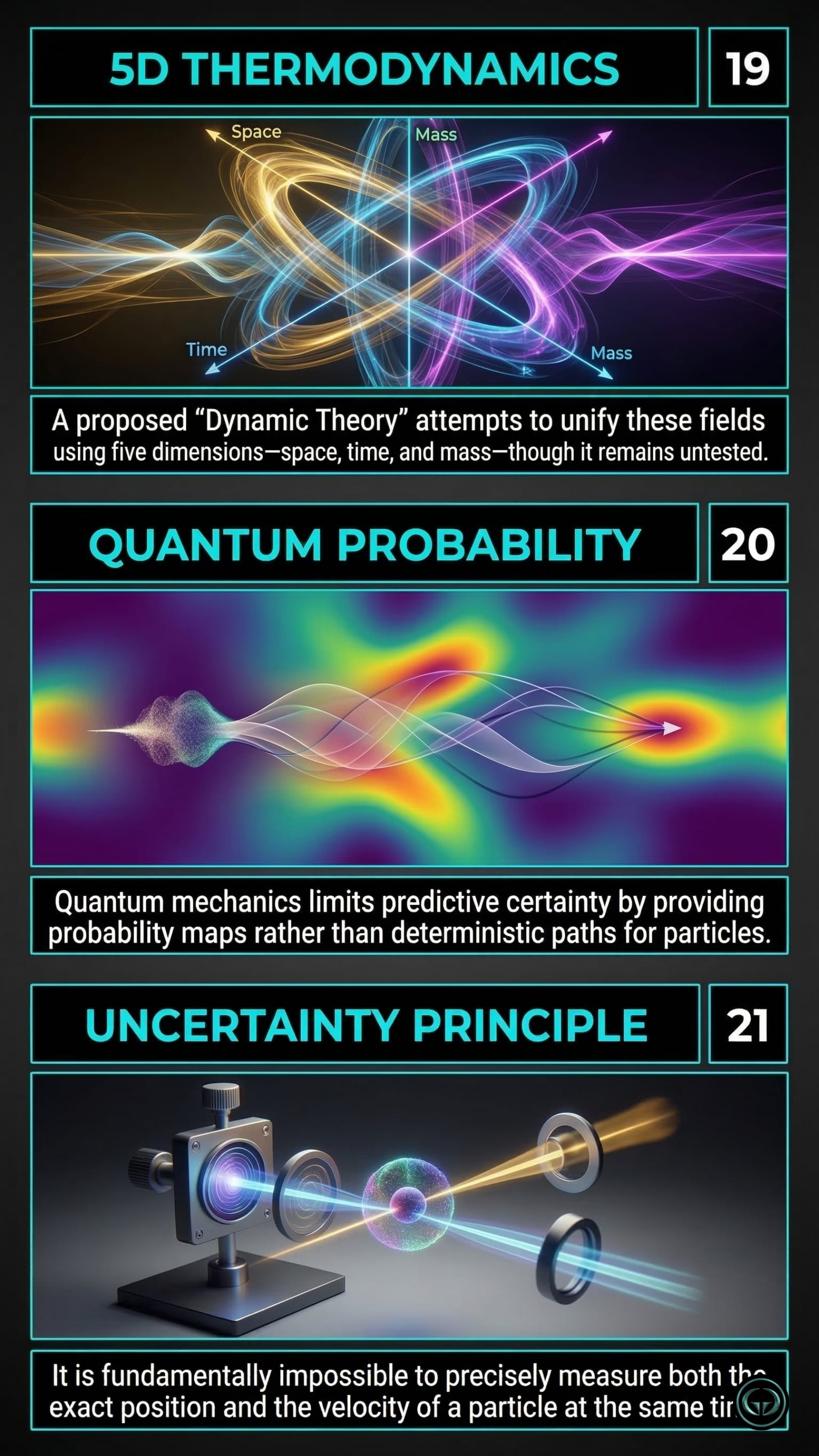 Infographic illustrating three A Brief History of Time insights by Stephen Hawking: Top panel shows a proposed 5D thermodynamic theory; Middle panel depicts quantum probability maps replacing deterministic paths; Bottom panel visualizes Heisenberg's uncertainty principle.