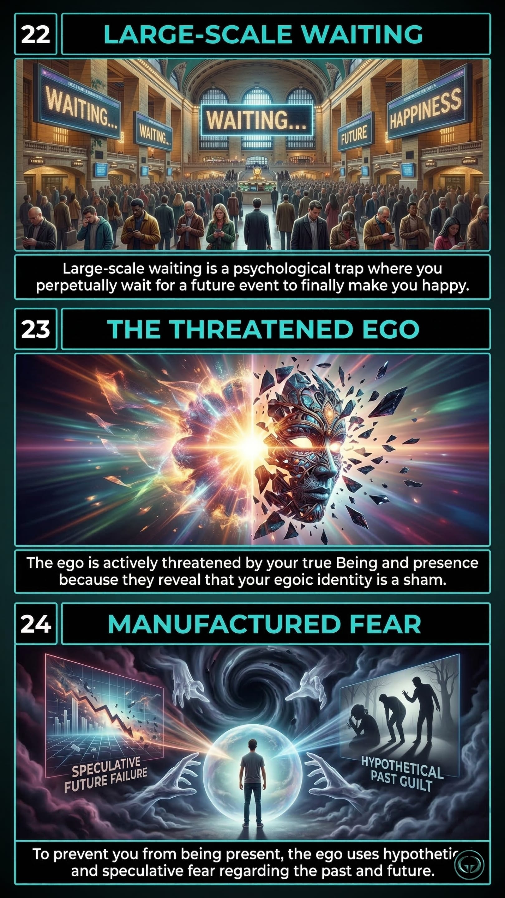 Infographic illustrating three The Power of Now insights by Eckhart Tolle: Top panel shows the psychological trap of large-scale waiting for future happiness; Middle panel depicts the ego feeling actively threatened by the truth of inner presence; Bottom panel visualizes the ego manufacturing speculative fear and past guilt to prevent constant presence.