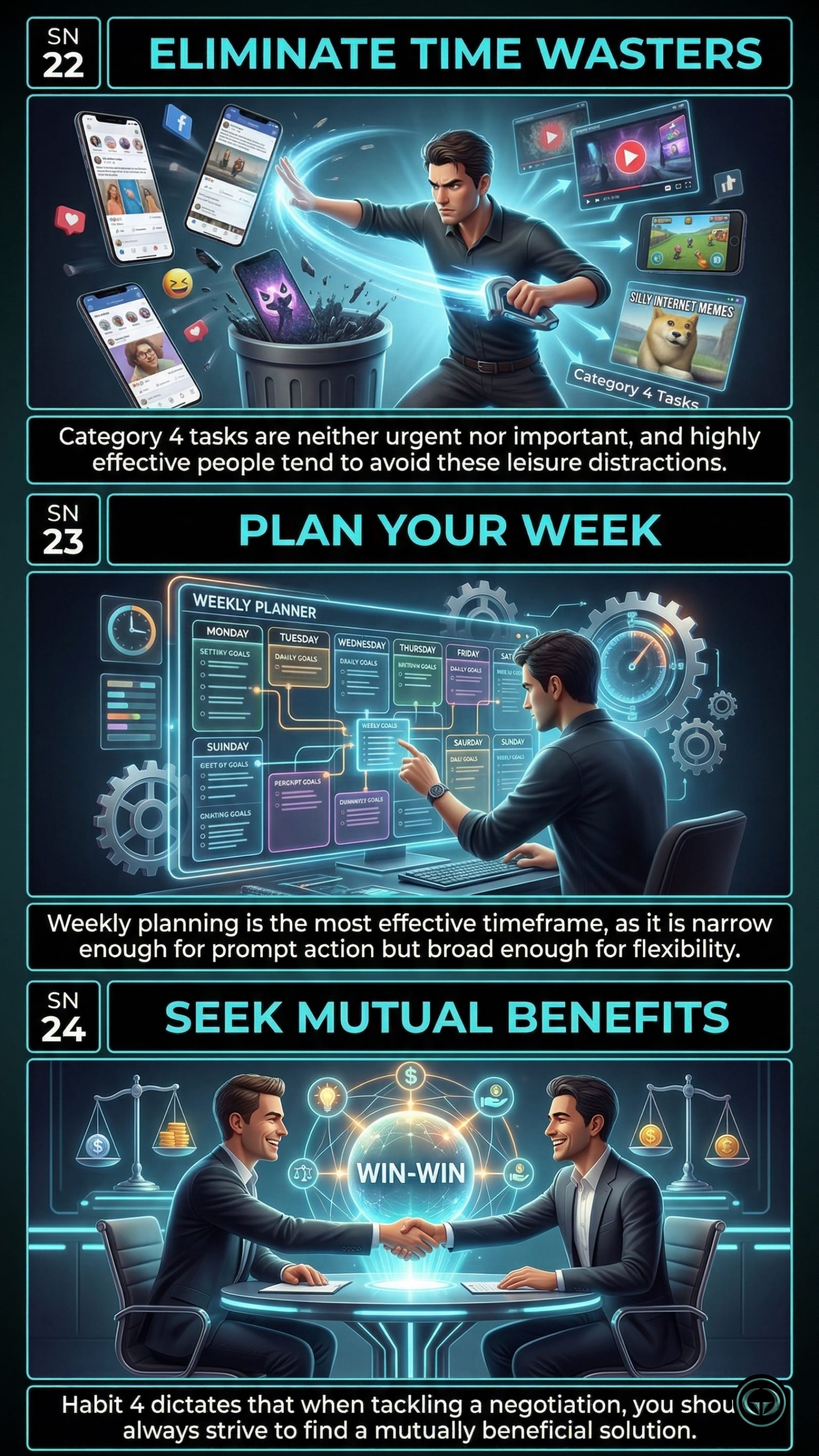 Infographic illustrating three Stephen R. Covey insights from The 7 Habits of Highly Effective People: Top panel shows eliminating time-wasting digital habits; Middle panel depicts utilizing effective weekly planning for optimal time management; Bottom panel visualizes seeking mutual Win-Win benefits in negotiations.