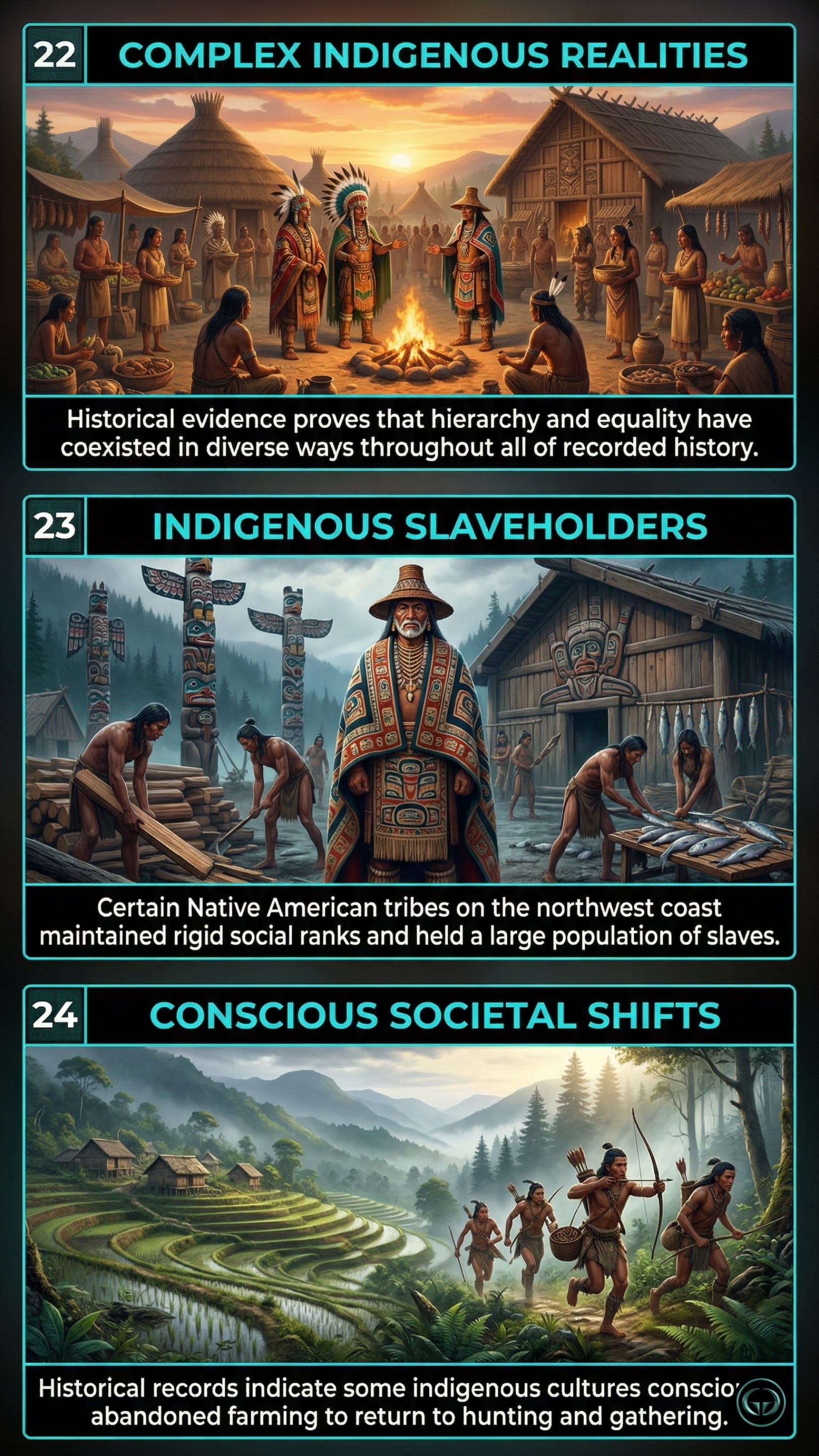 Infographic illustrating three The Dawn of Everything insights by Graeber & Wengrow: Top panel shows complex realities of coexisting hierarchy and equality; Middle panel depicts Indigenous slaveholding societies; Bottom panel visualizes conscious shifts away from farming.