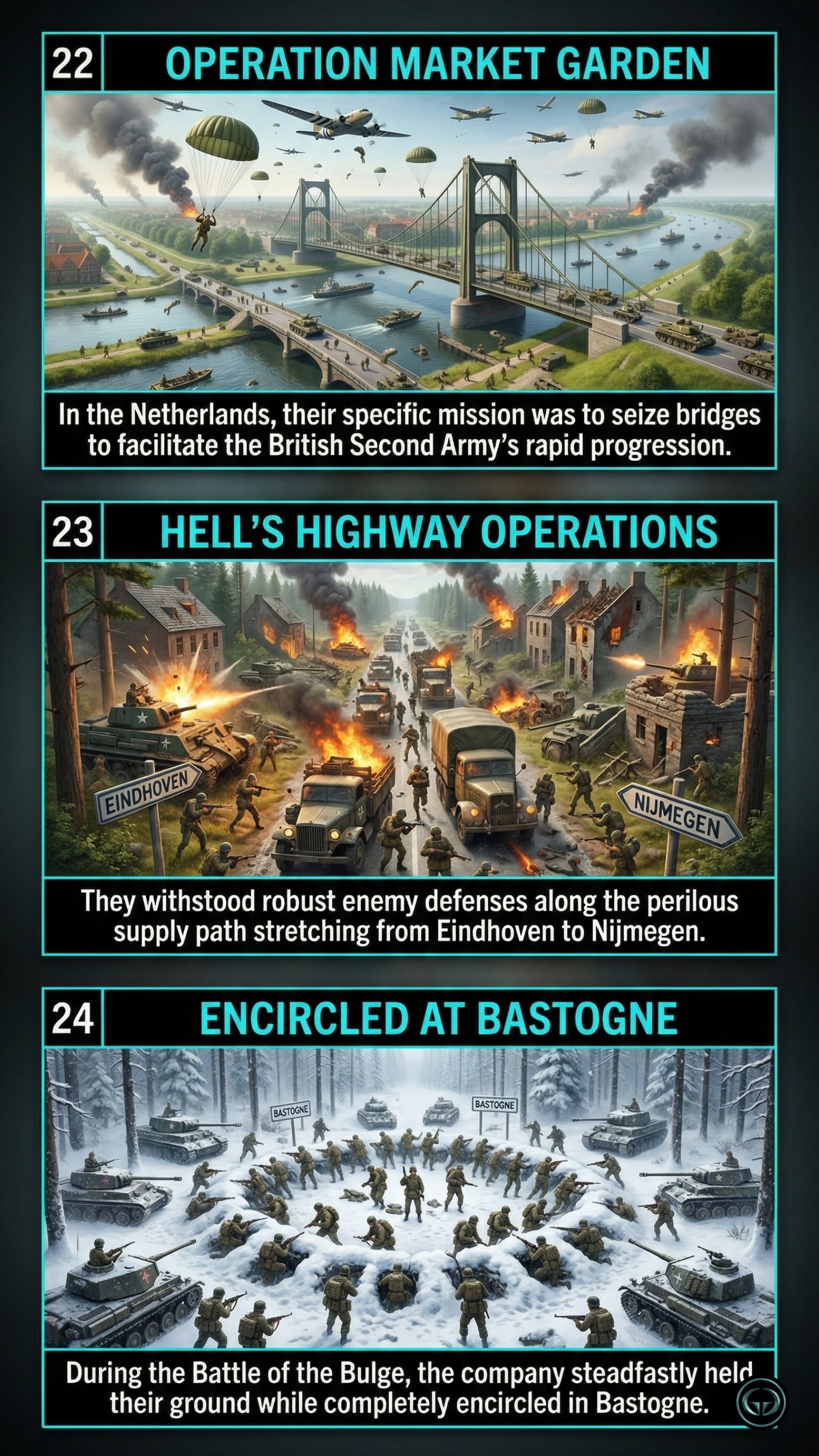 Infographic illustrating three Band of Brothers insights by Stephen R. Ambrose: Top panel shows airborne operations seizing bridges during Operation Market Garden; Middle panel depicts defending vital supply lines on Hell's Highway; Bottom panel visualizes the resilient encircled defense at Bastogne.
