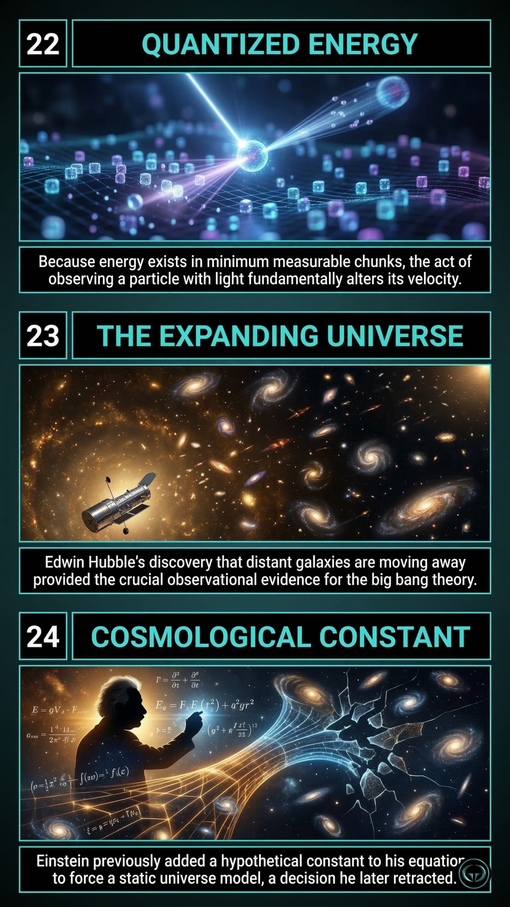 Infographic illustrating three A Brief History of Time insights by Stephen Hawking: Top panel shows quantized energy chunks altering particle velocity; Middle panel depicts the expanding universe via receding galaxies; Bottom panel visualizes Einstein's cosmological constant.