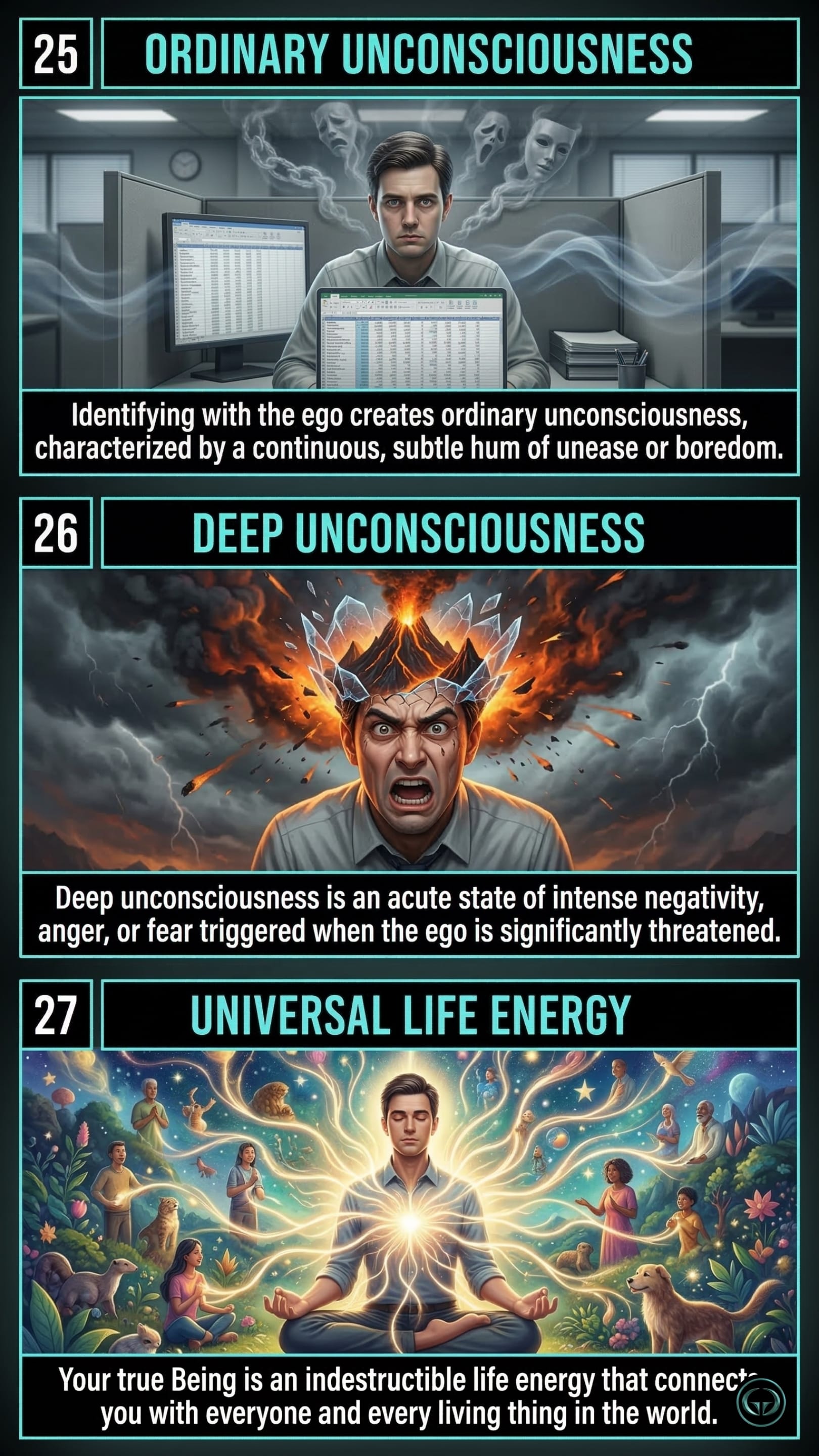 Infographic illustrating three The Power of Now insights by Eckhart Tolle: Top panel shows the subtle unease of ordinary unconsciousness; Middle panel depicts ego-driven deep unconsciousness; Bottom panel visualizes connection to universal life energy.