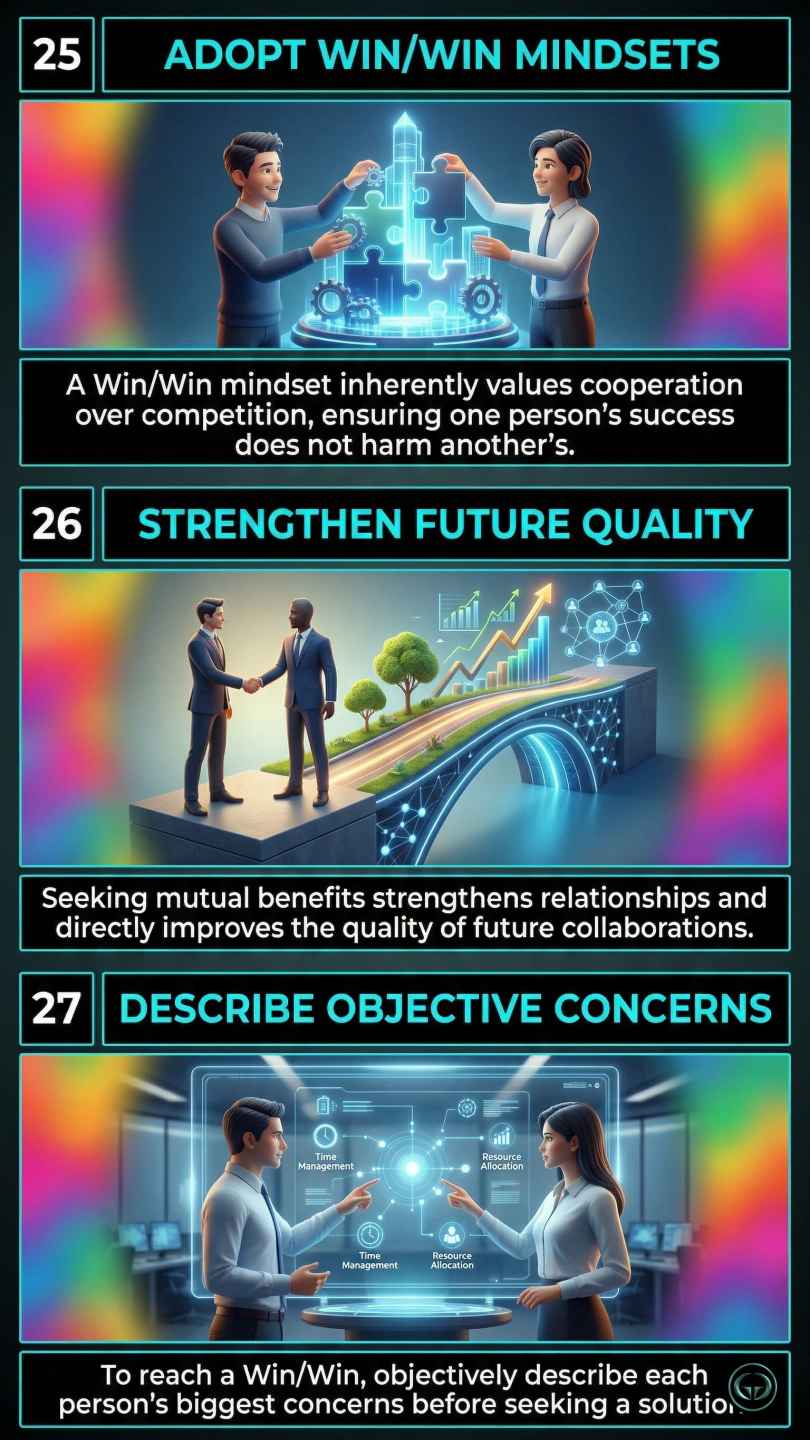 Infographic illustrating three The 7 Habits of Highly Effective People insights by Stephen R. Covey: Top panel shows adopting a cooperative Win-Win mindset; Middle panel depicts strengthening long-term relationship quality; Bottom panel visualizes effectively communicating objective concerns for balanced resource allocation.