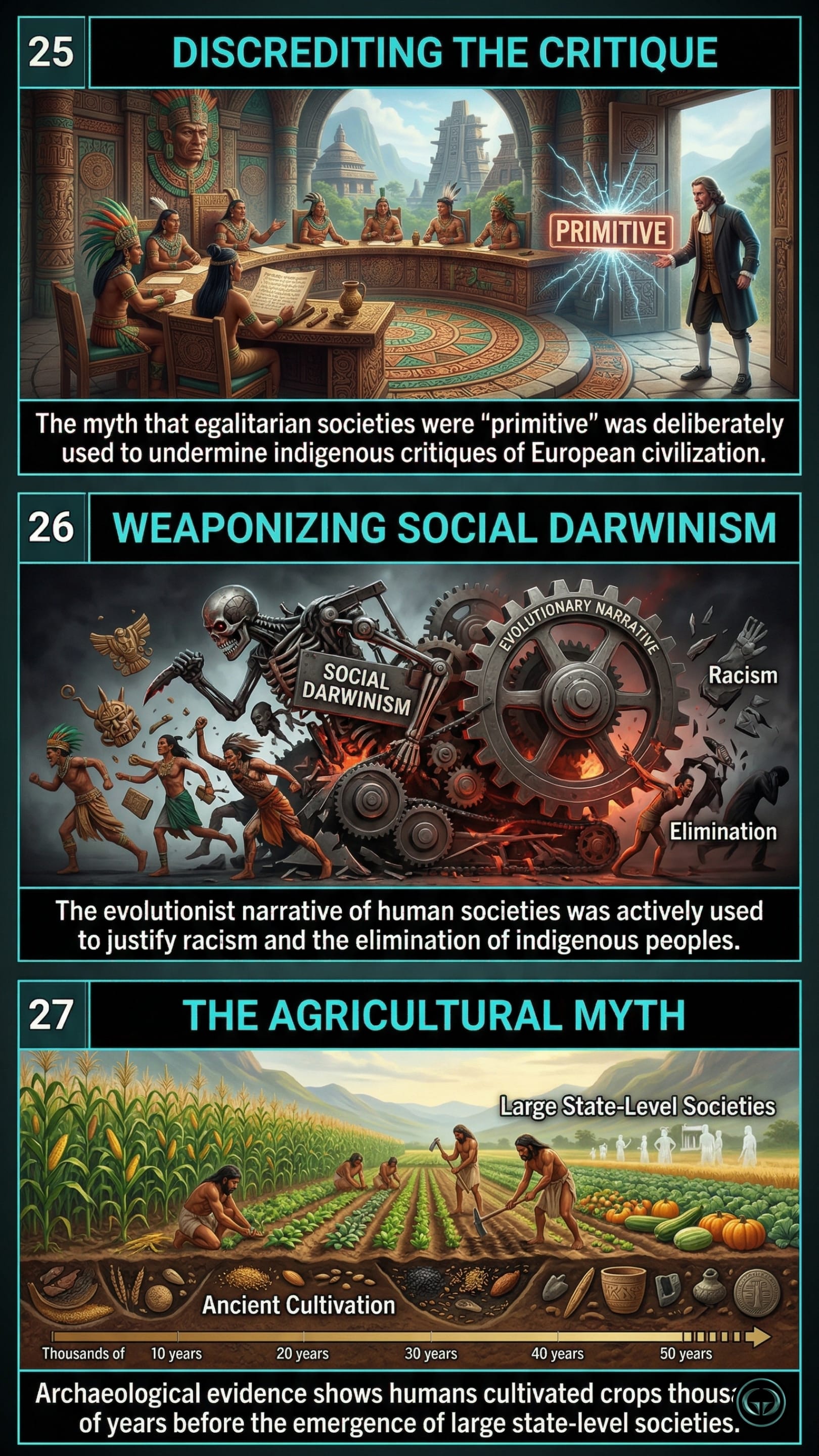 Infographic illustrating three The Dawn of Everything insights by Graeber & Wengrow: Top panel shows the discrediting of Indigenous critiques as primitive; Middle panel depicts the weaponization of Social Darwinism; Bottom panel visualizes early agriculture predating state societies.