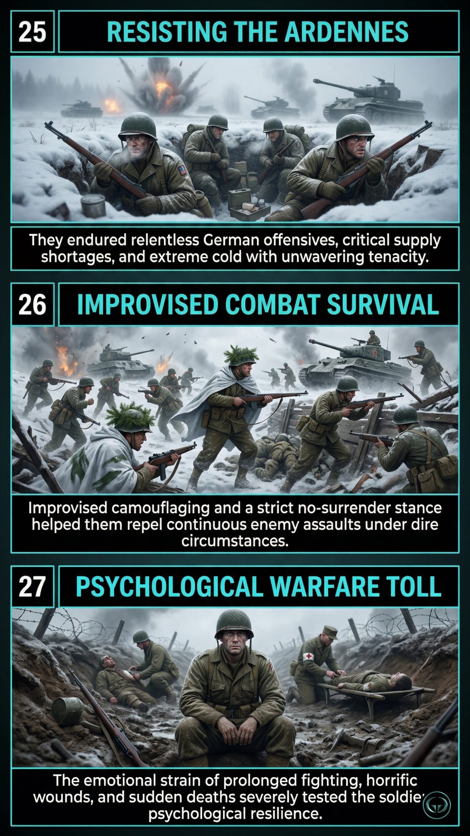 Infographic illustrating three Band of Brothers insights by Stephen R. Ambrose: Top panel shows troops enduring harsh winter offensives in the Ardennes; Middle panel depicts improvised snow camouflage and survival tactics; Bottom panel visualizes the severe psychological toll of prolonged warfare.