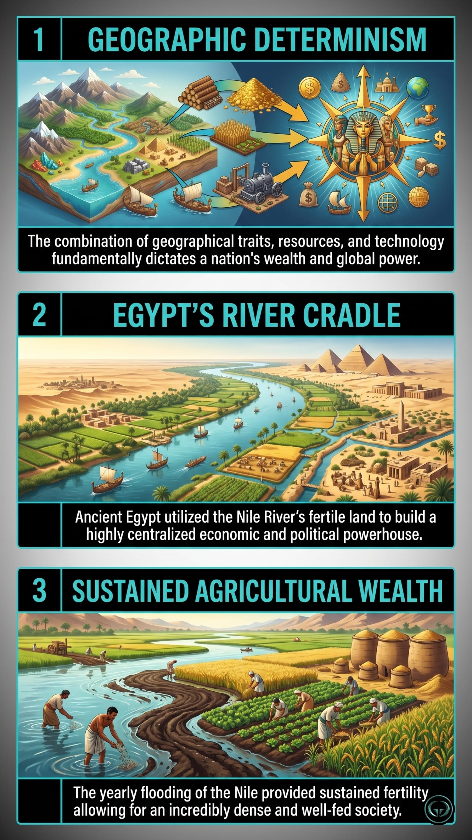 Infographic illustrating three The Accidental Superpower insights by Peter Zeihan: Top panel shows how geographic determinism dictates national wealth and global power; Middle panel depicts the Nile River fostering ancient Egypt's centralized economic powerhouse; Bottom panel visualizes sustained agricultural wealth from fertile floodplains building dense societies.