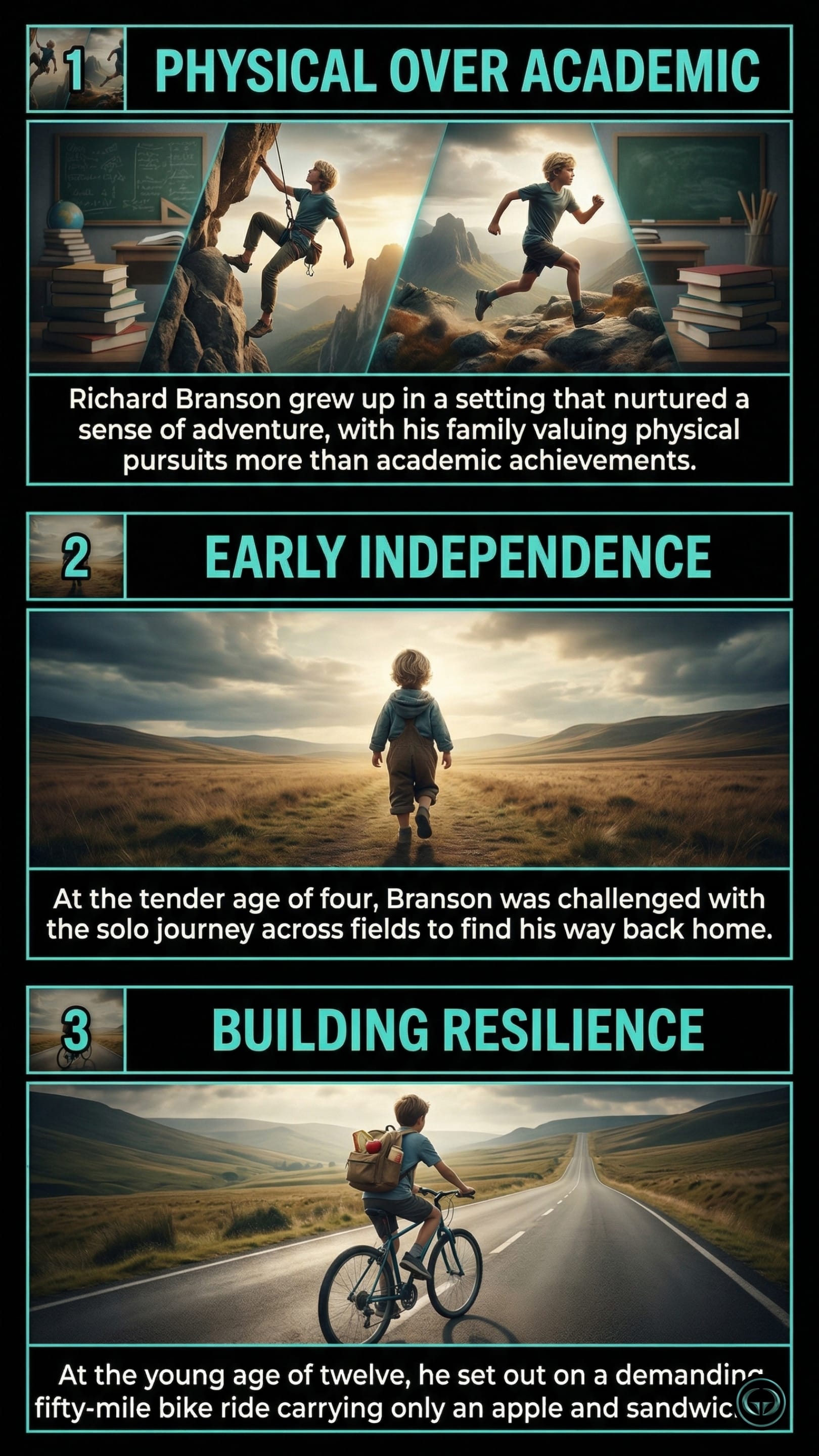Infographic illustrating three Losing My Virginity insights by Richard Branson: Top panel shows physical adventure prioritized over academic tradition; Middle panel depicts early childhood independence via a solo journey; Bottom panel visualizes building resilience through a grueling 50-mile bike ride.