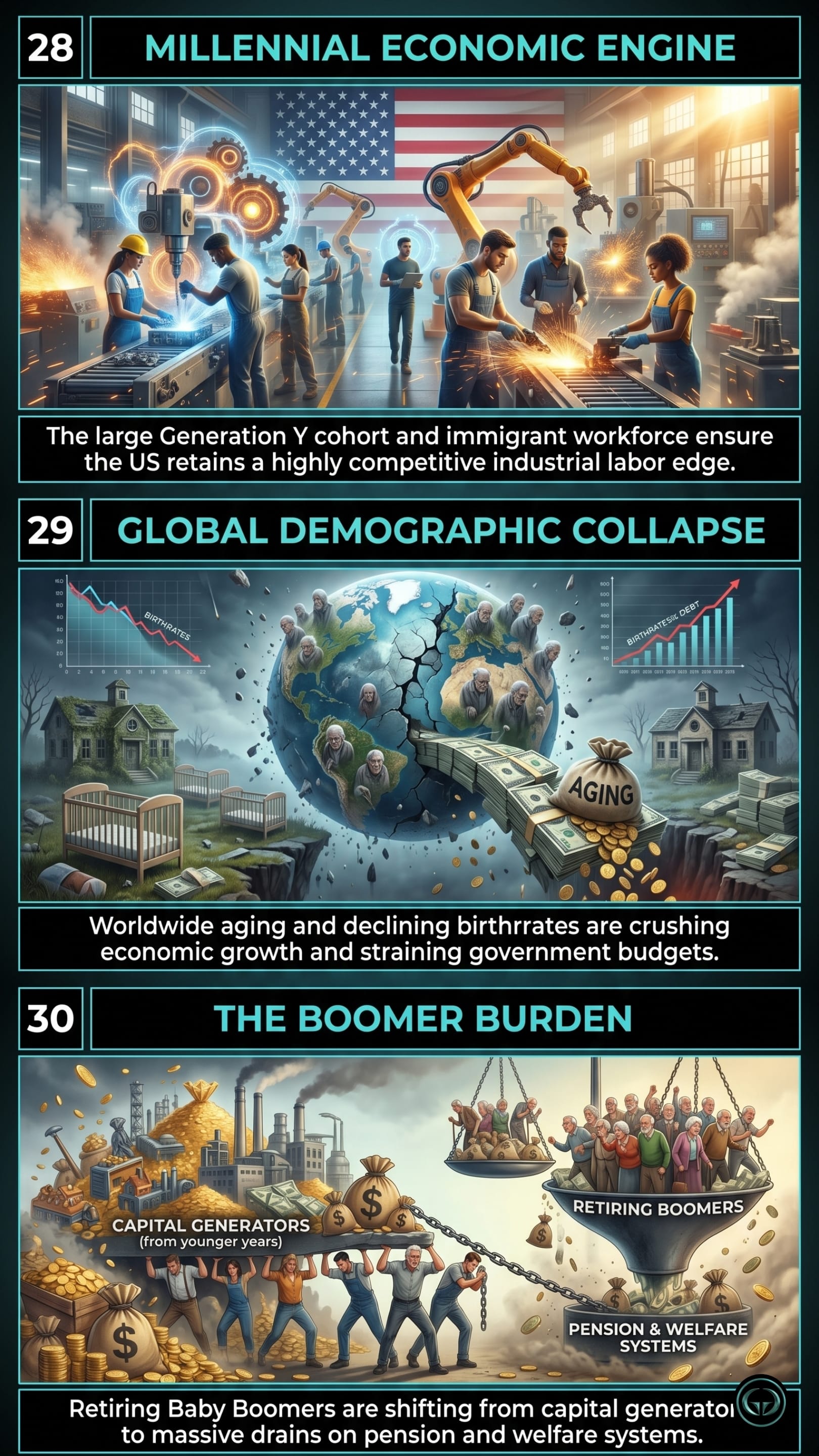 Infographic illustrating three The Accidental Superpower insights by Peter Zeihan: Top panel shows the US millennial economic engine maintaining industrial competitiveness; Middle panel depicts the economic strain of a global demographic collapse; Bottom panel visualizes the heavy financial burden of retiring baby boomers on pension systems.